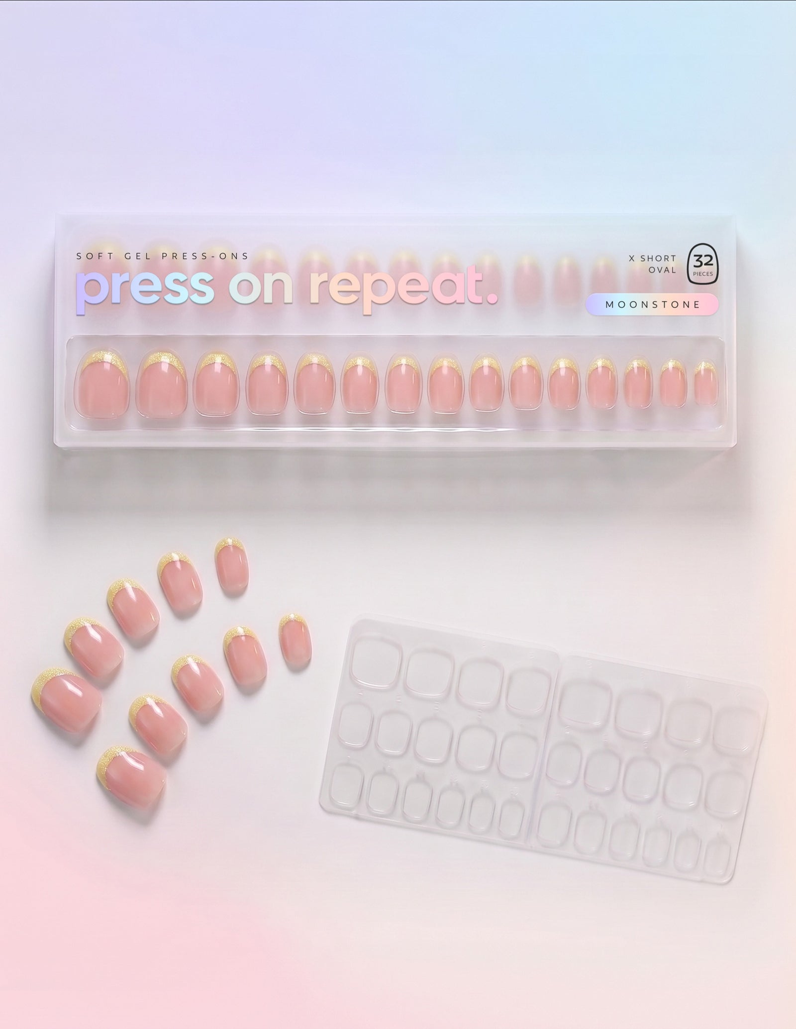 Moonstone press-on nails — Oval (extra-short) retail box with loose nails and adhesive tabs