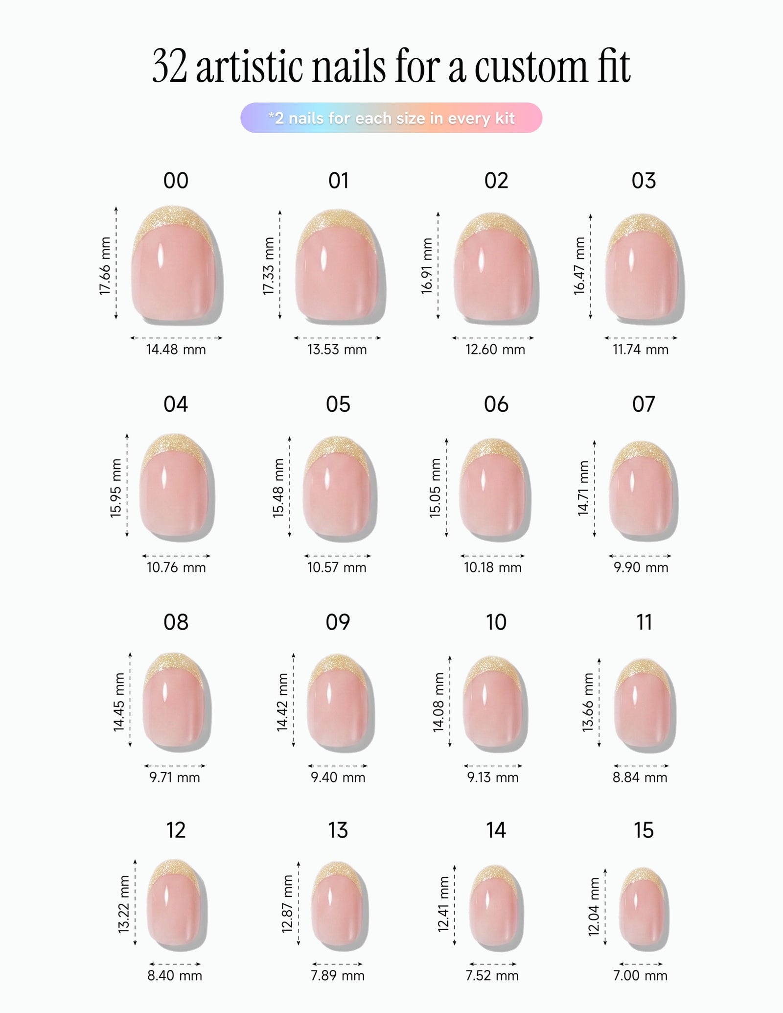 Moonstone — Oval size chart, 16 sizes with millimetre measurements