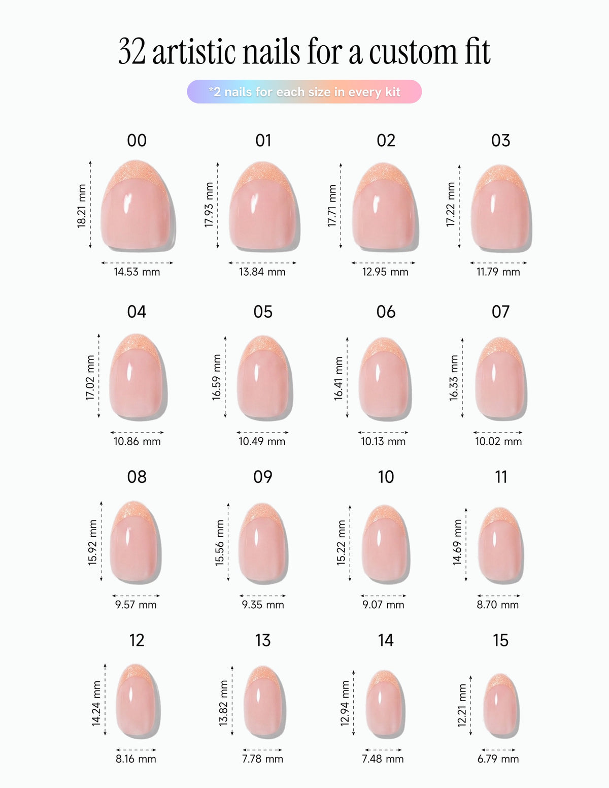 Rose Quartz — Almond size chart, 16 sizes with millimetre measurements