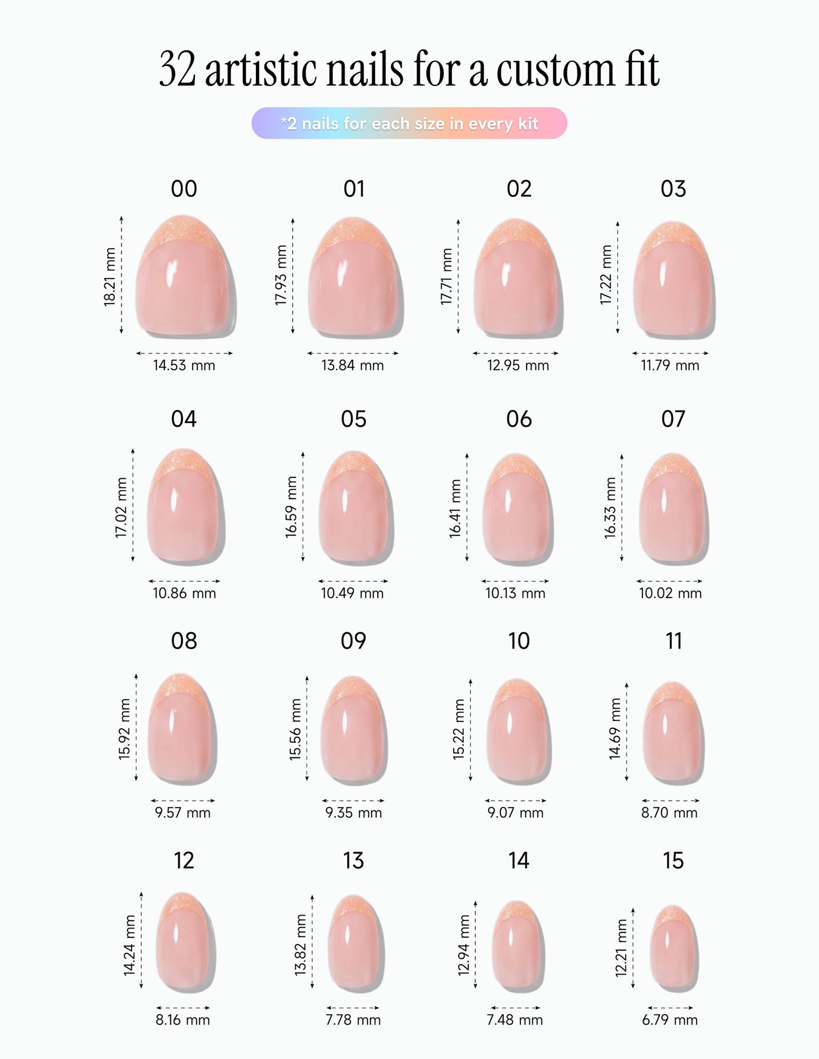 Rose Quartz — Almond size chart, 16 sizes with millimetre measurements