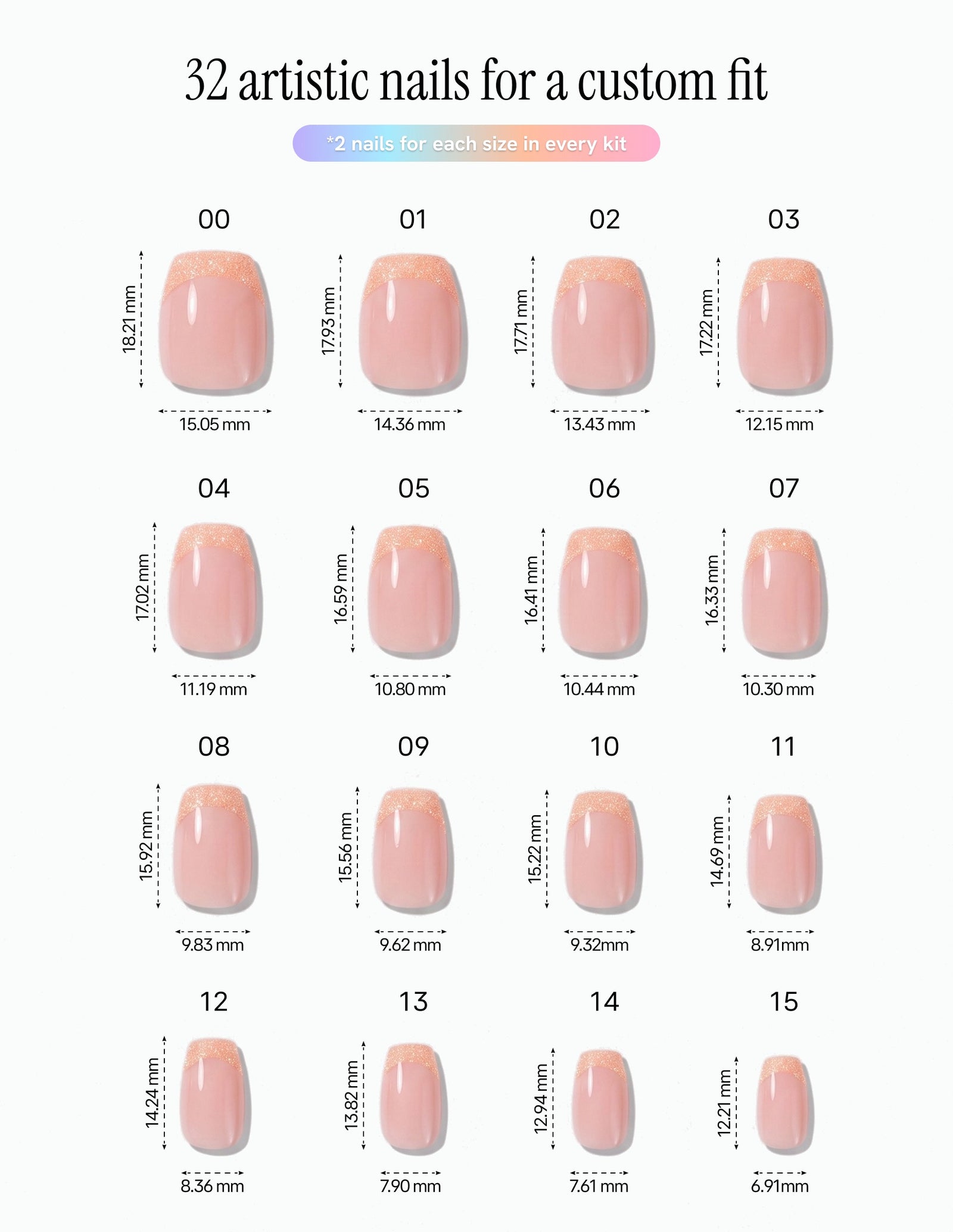 Rose Quartz — Coffin size chart, 16 sizes with millimetre measurements