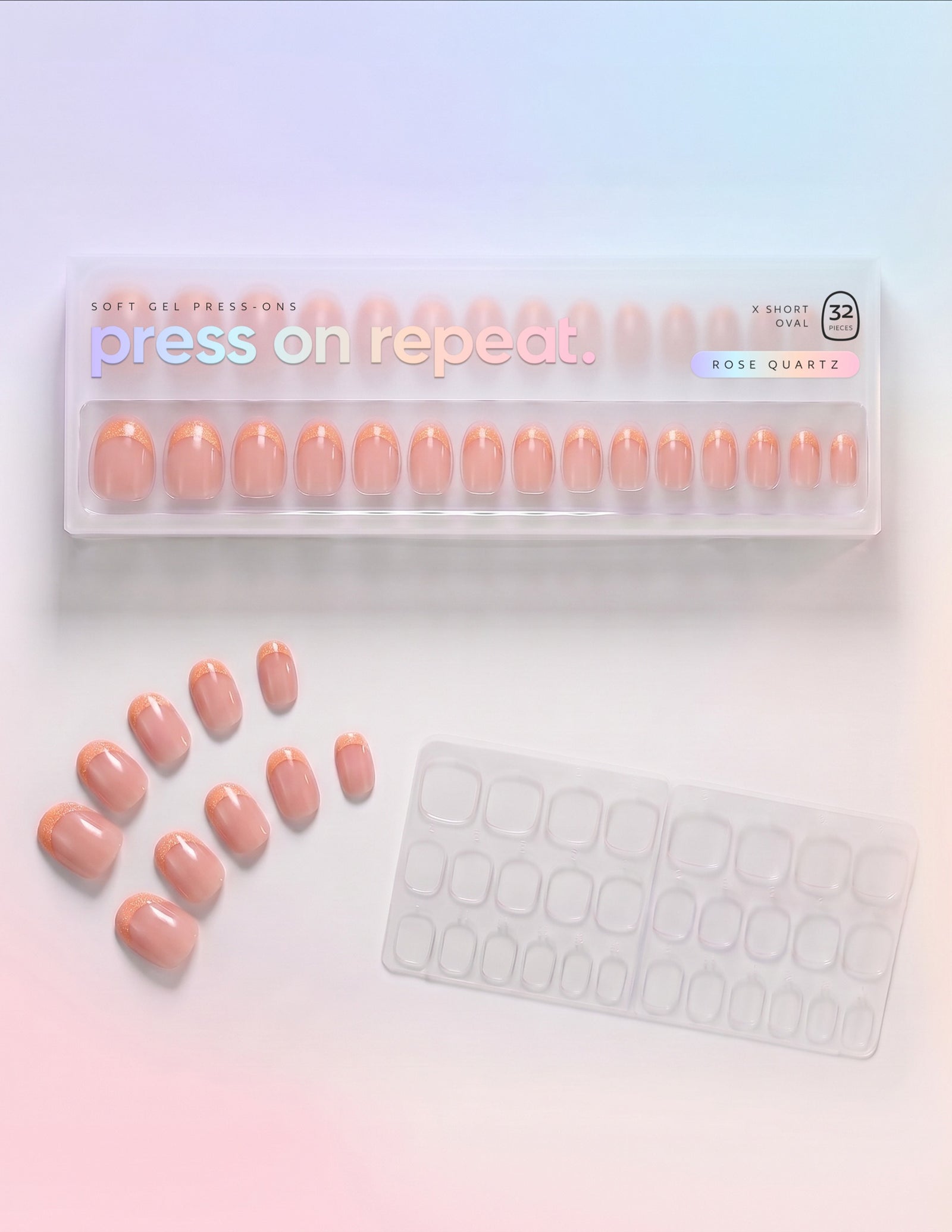 Rose Quartz press-on nails — Oval (extra-short) retail box with loose nails and adhesive tabs