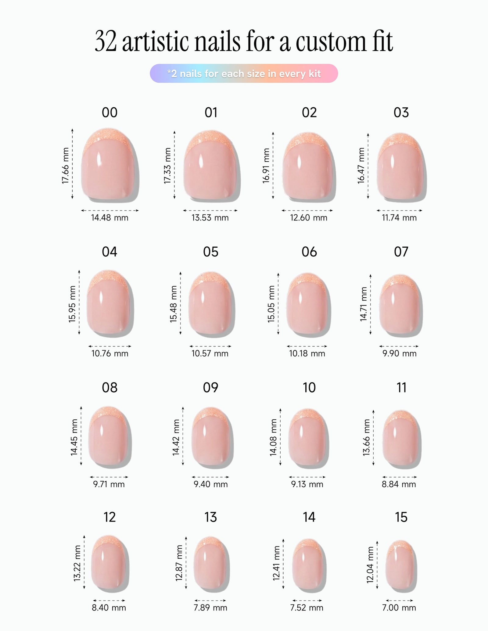 Rose Quartz — Oval size chart, 16 sizes with millimetre measurements