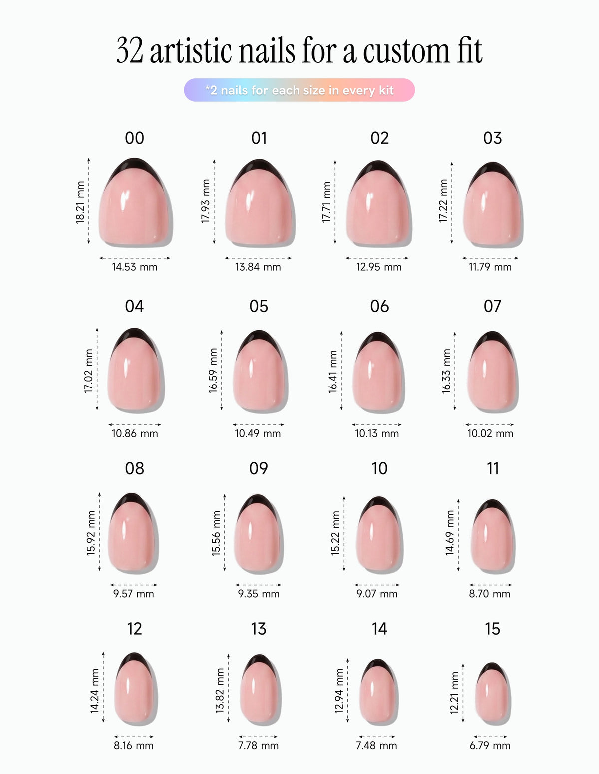 After Hours — Almond size chart, 16 sizes with millimetre measurements