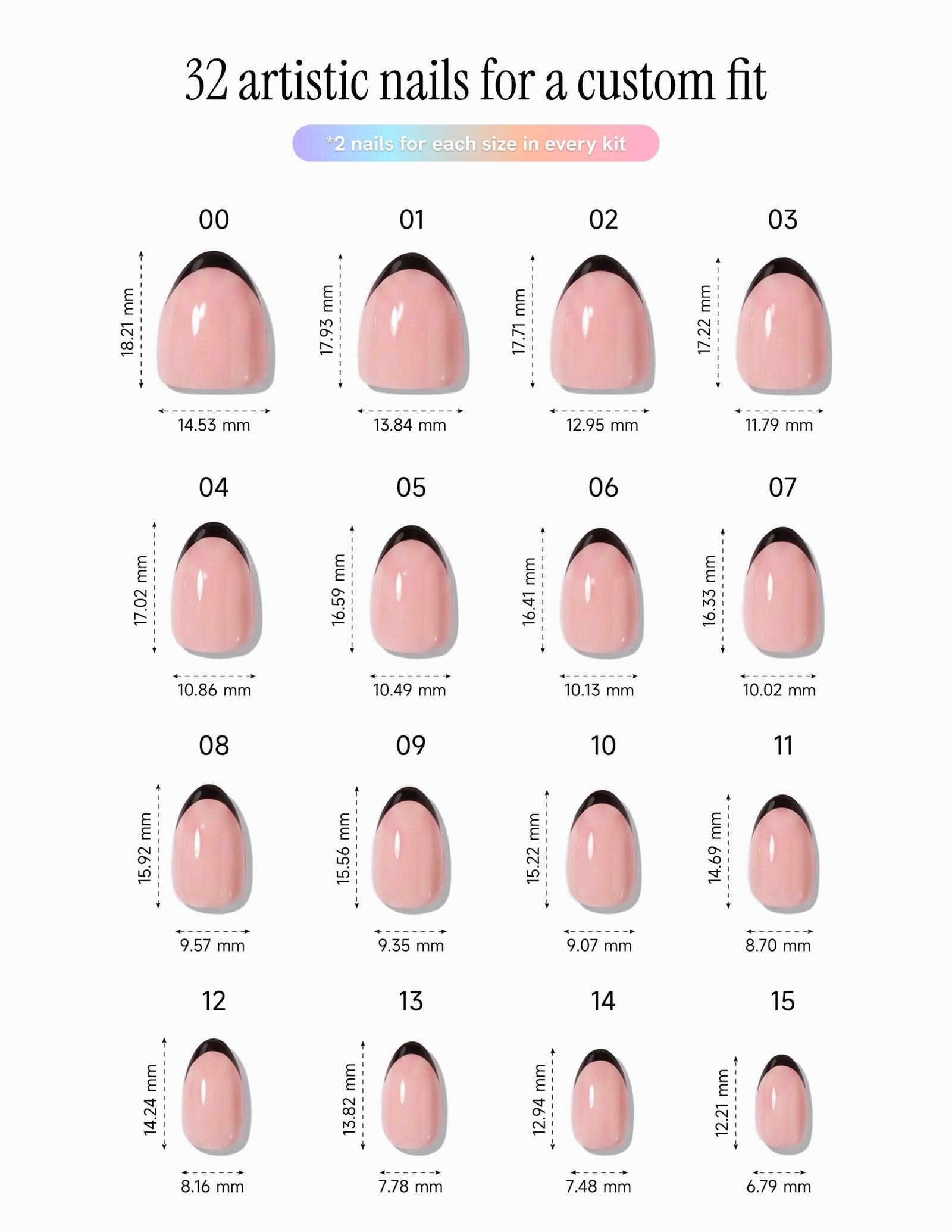 After Hours — Almond size chart, 16 sizes with millimetre measurements