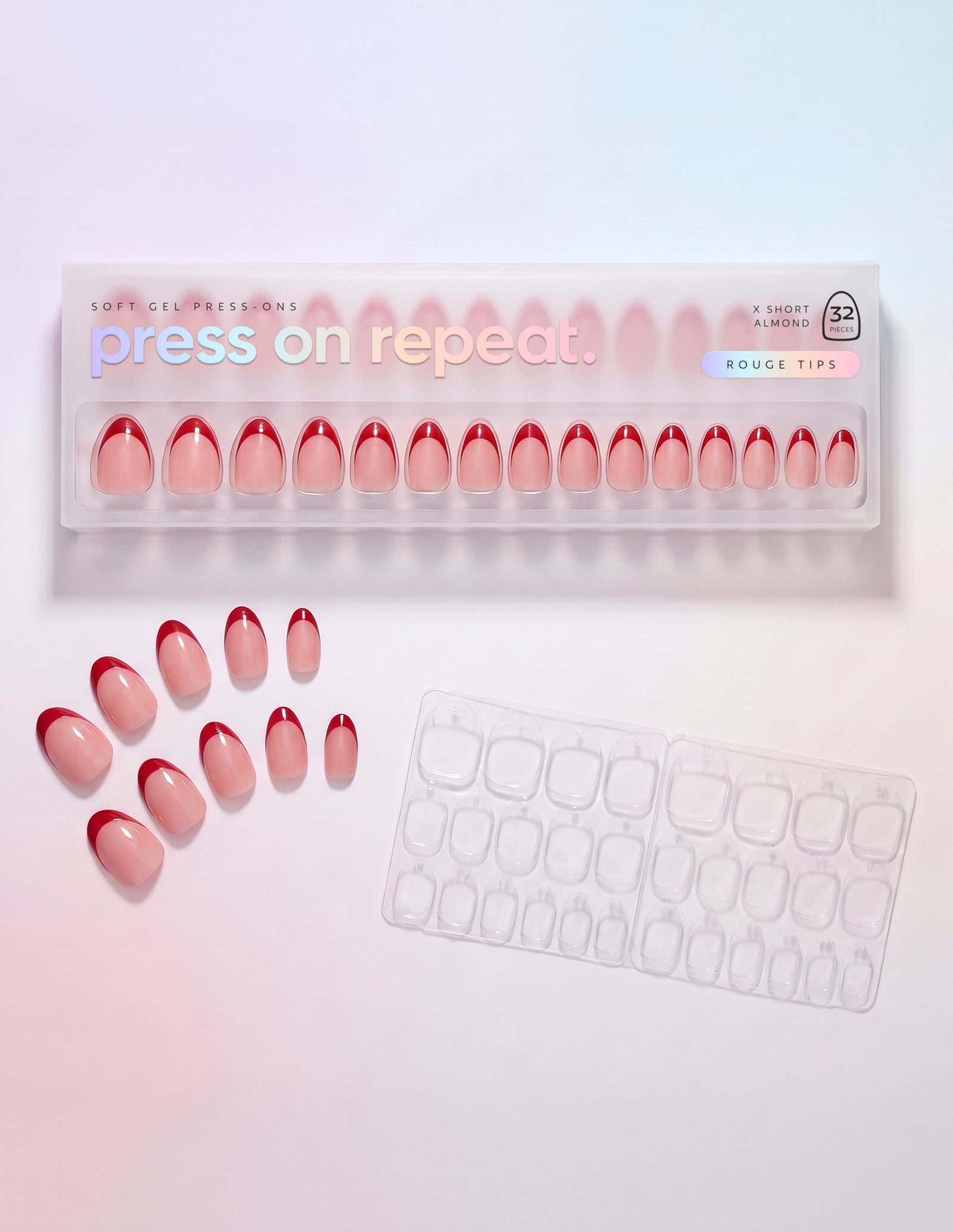 Rouge Tips press-on nails — Almond (extra-short) retail box with loose nails and adhesive tabs