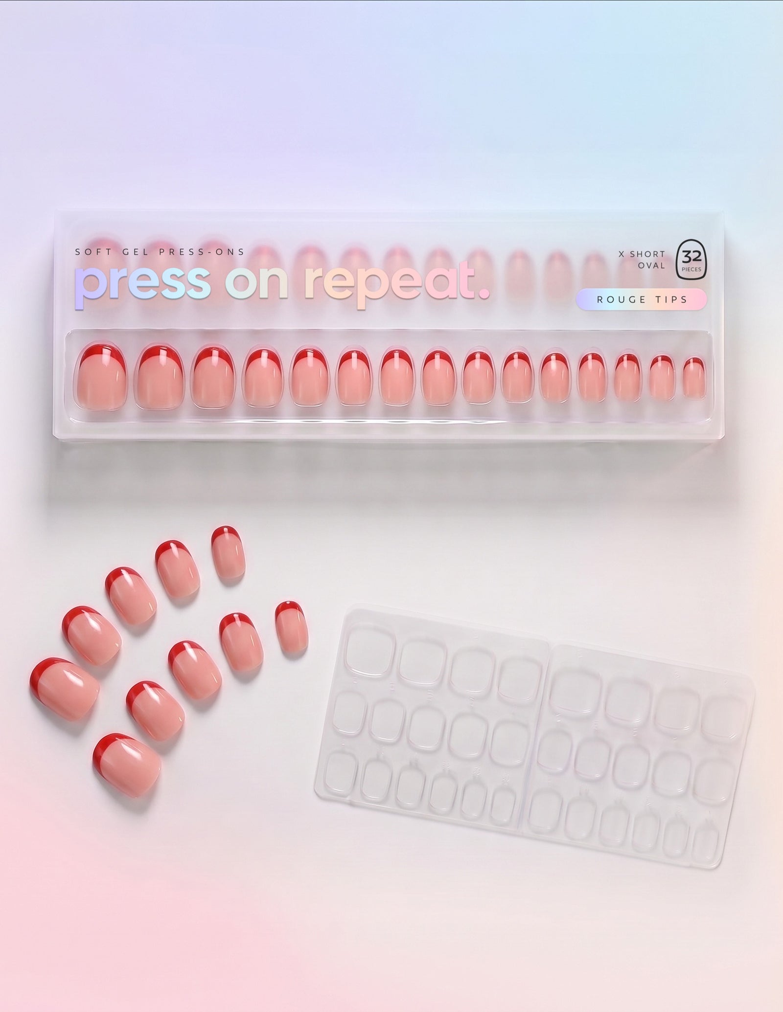 Rouge Tips press-on nails — Oval (extra-short) retail box with loose nails and adhesive tabs