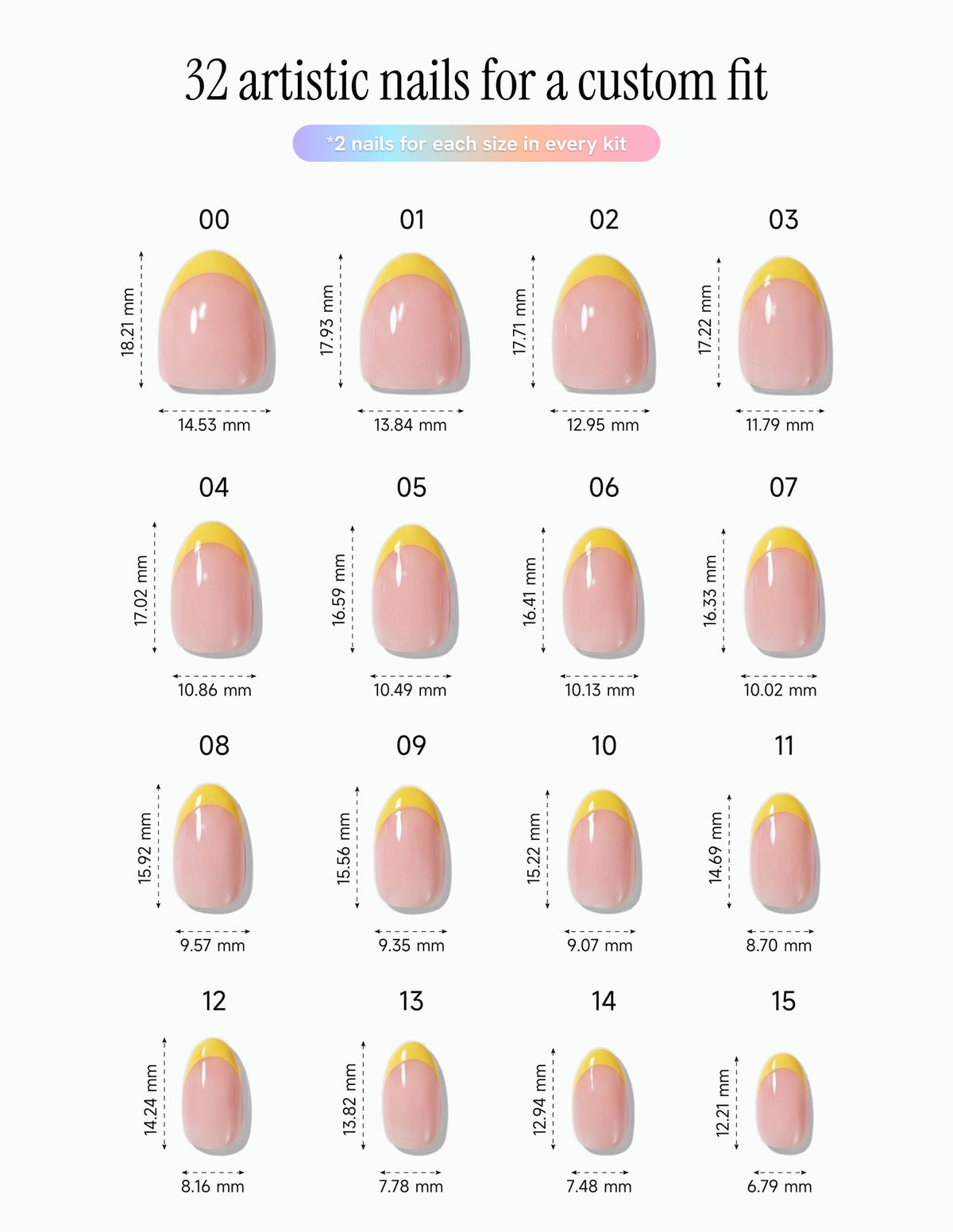 Limoncello Tips — Almond size chart, 16 sizes with millimetre measurements