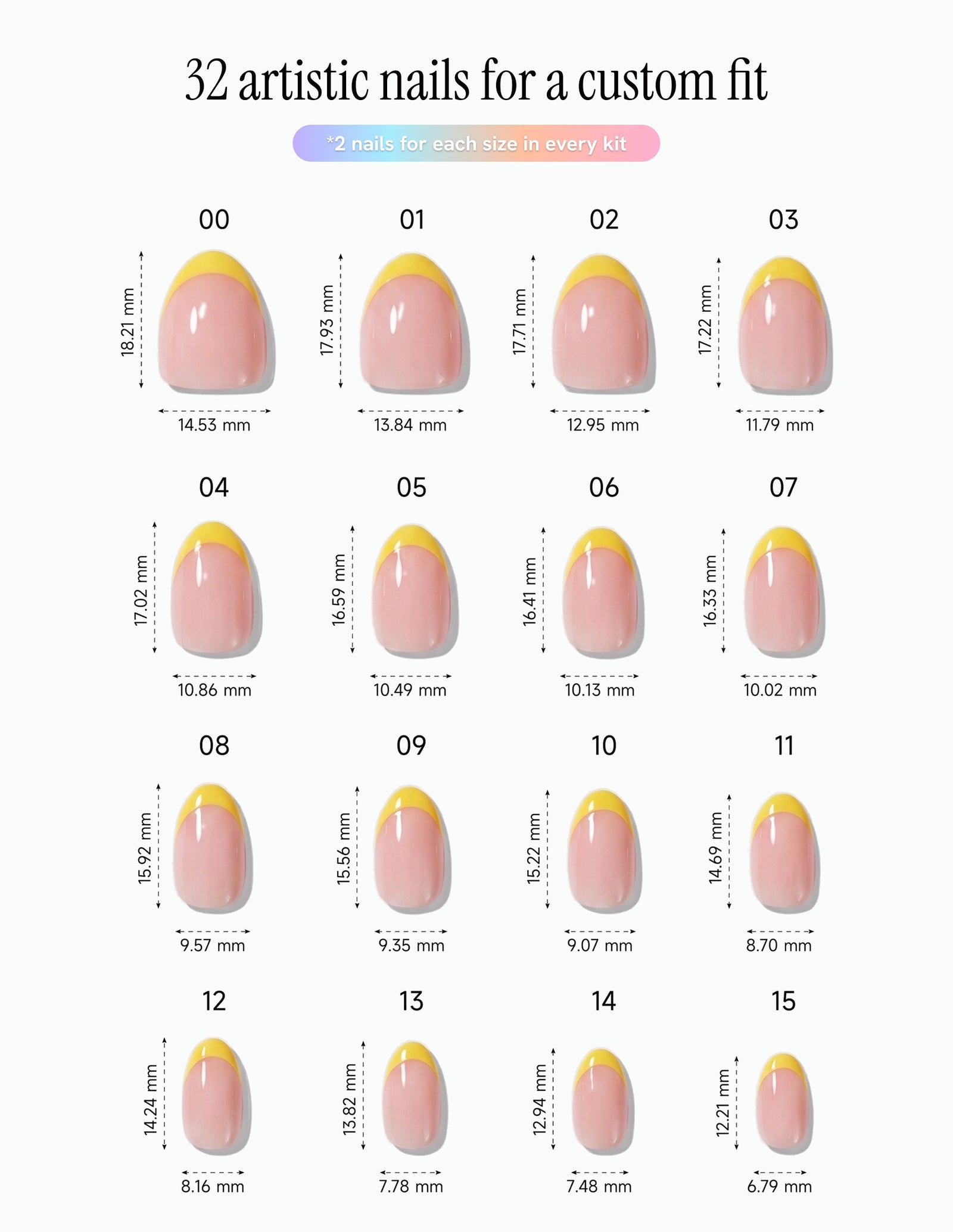 Limoncello Tips — Almond size chart, 16 sizes with millimetre measurements