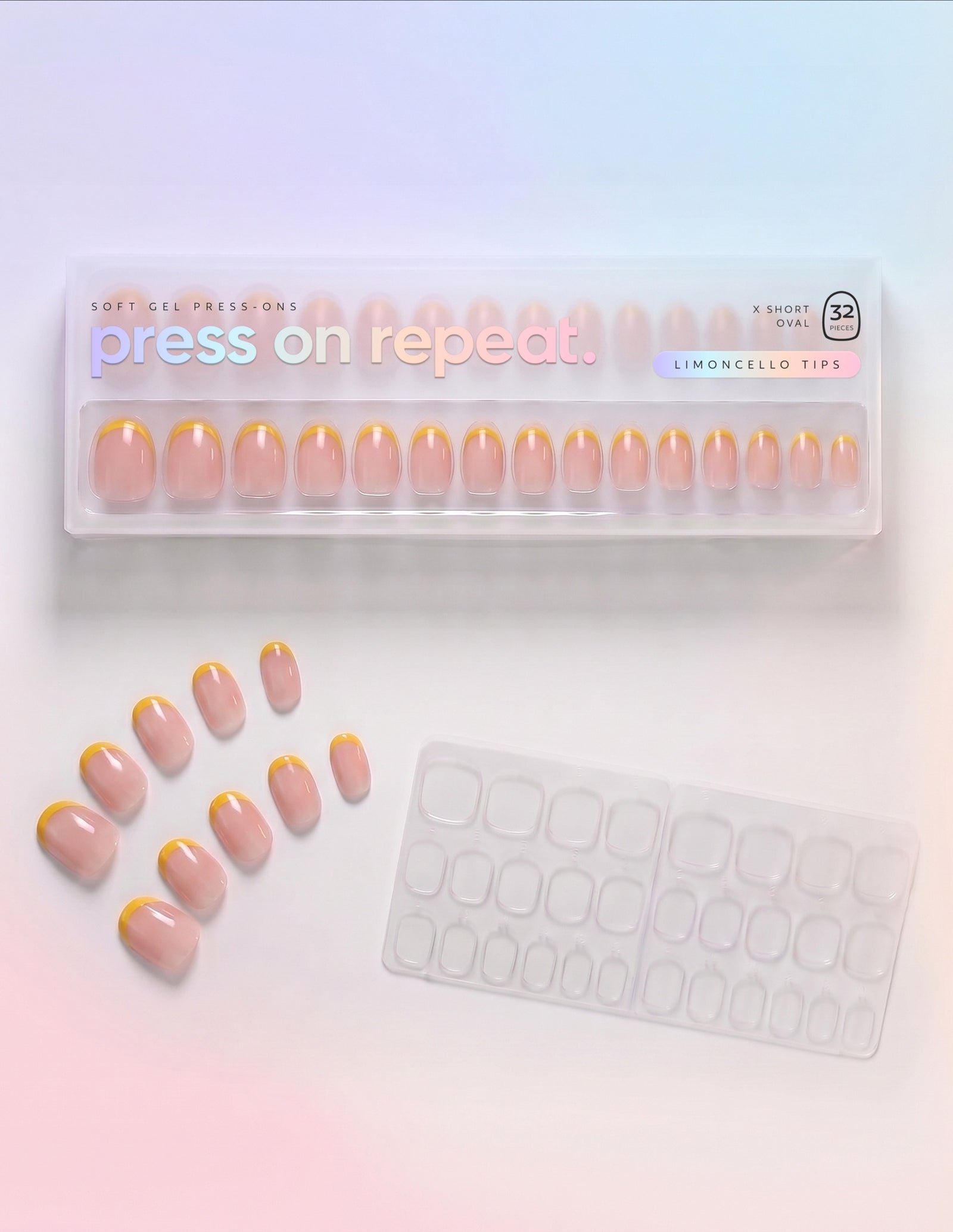 Limoncello Tips press-on nails — Oval (extra-short) retail box with loose nails and adhesive tabs