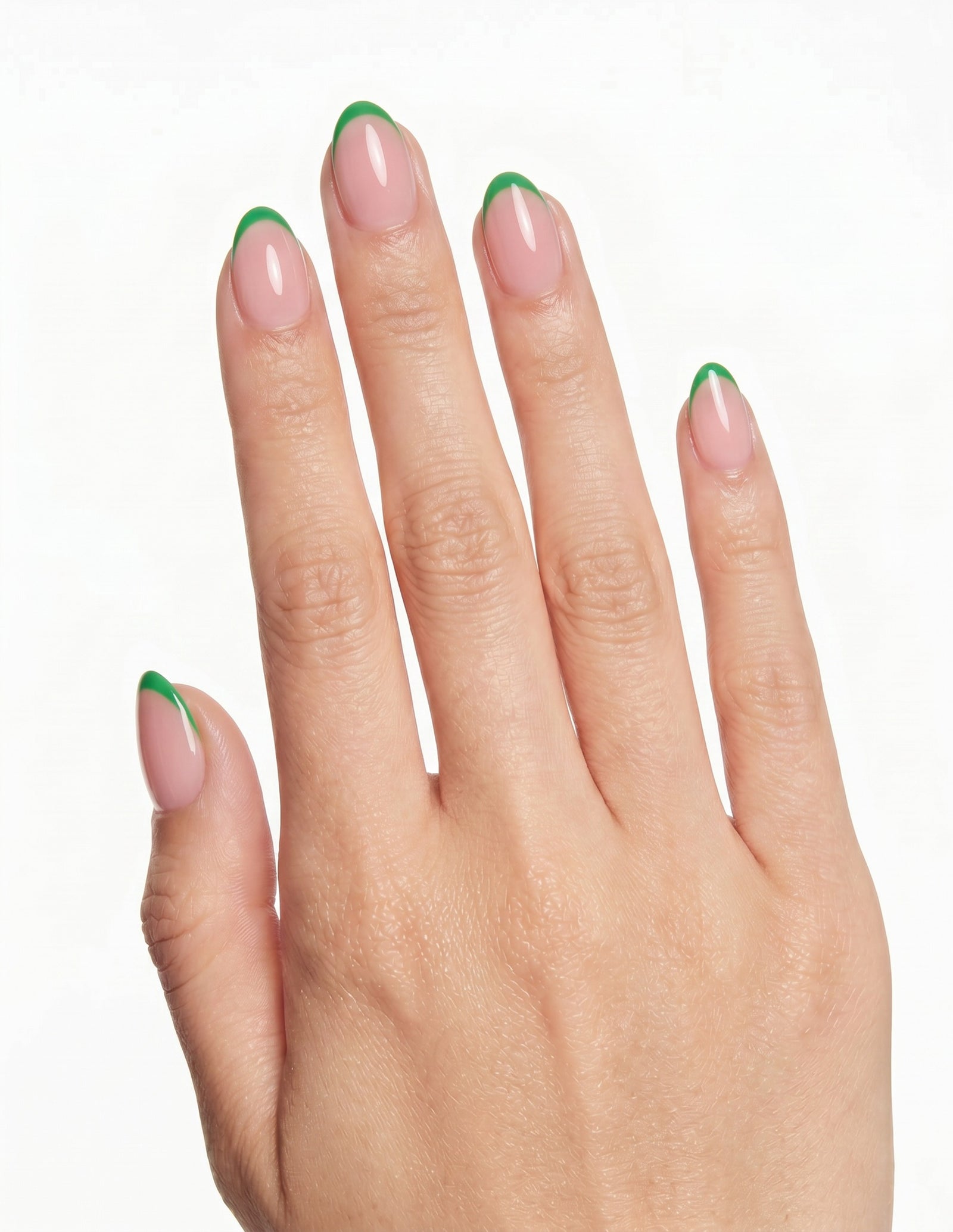 Lime Tips press-on nails — Almond (extra-short), light-skin hand, back of hand