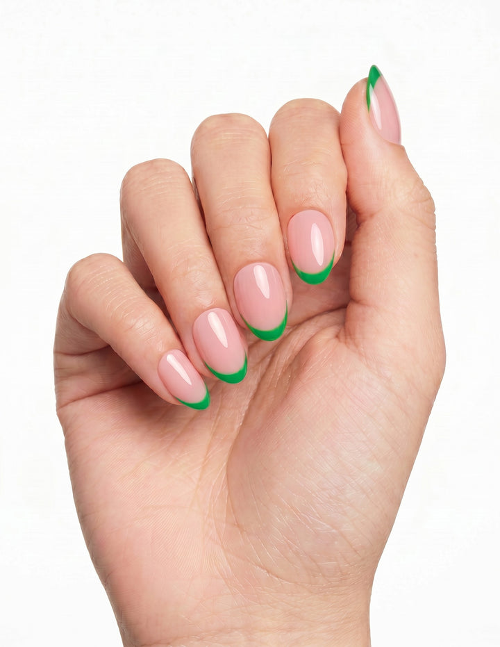 Lime Tips press-on nails — Almond (extra-short), deep-skin hand, fingers curled