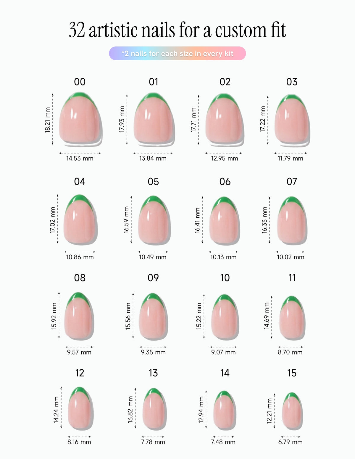 Lime Tips — Almond size chart, 16 sizes with millimetre measurements