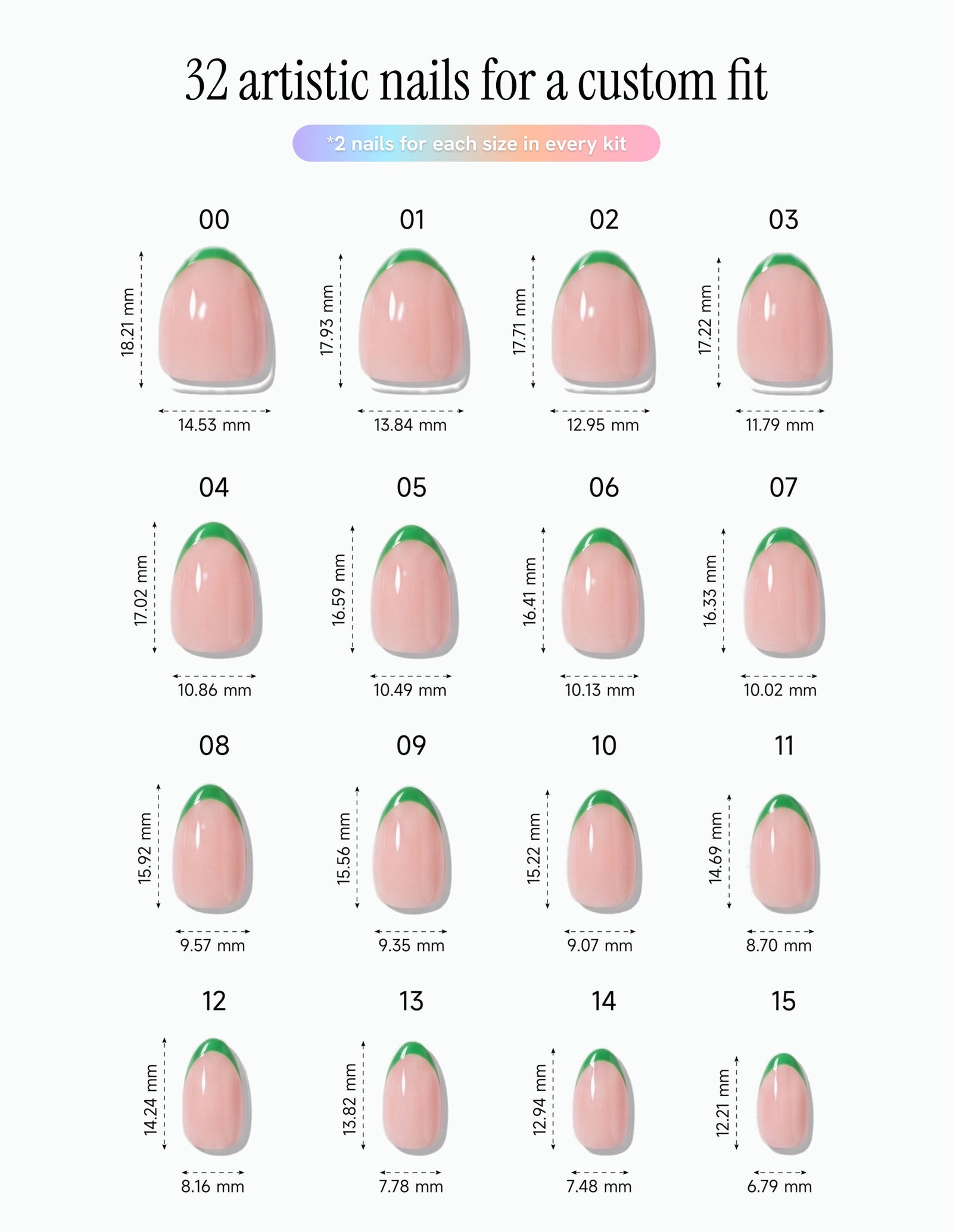 Lime Tips — Almond size chart, 16 sizes with millimetre measurements