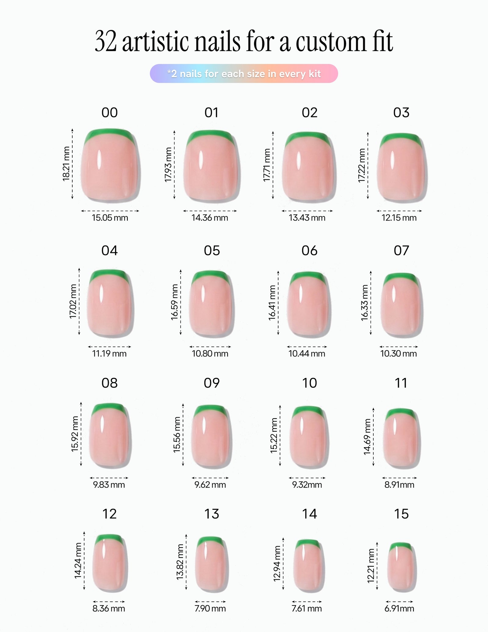 Lime Tips — Coffin size chart, 16 sizes with millimetre measurements