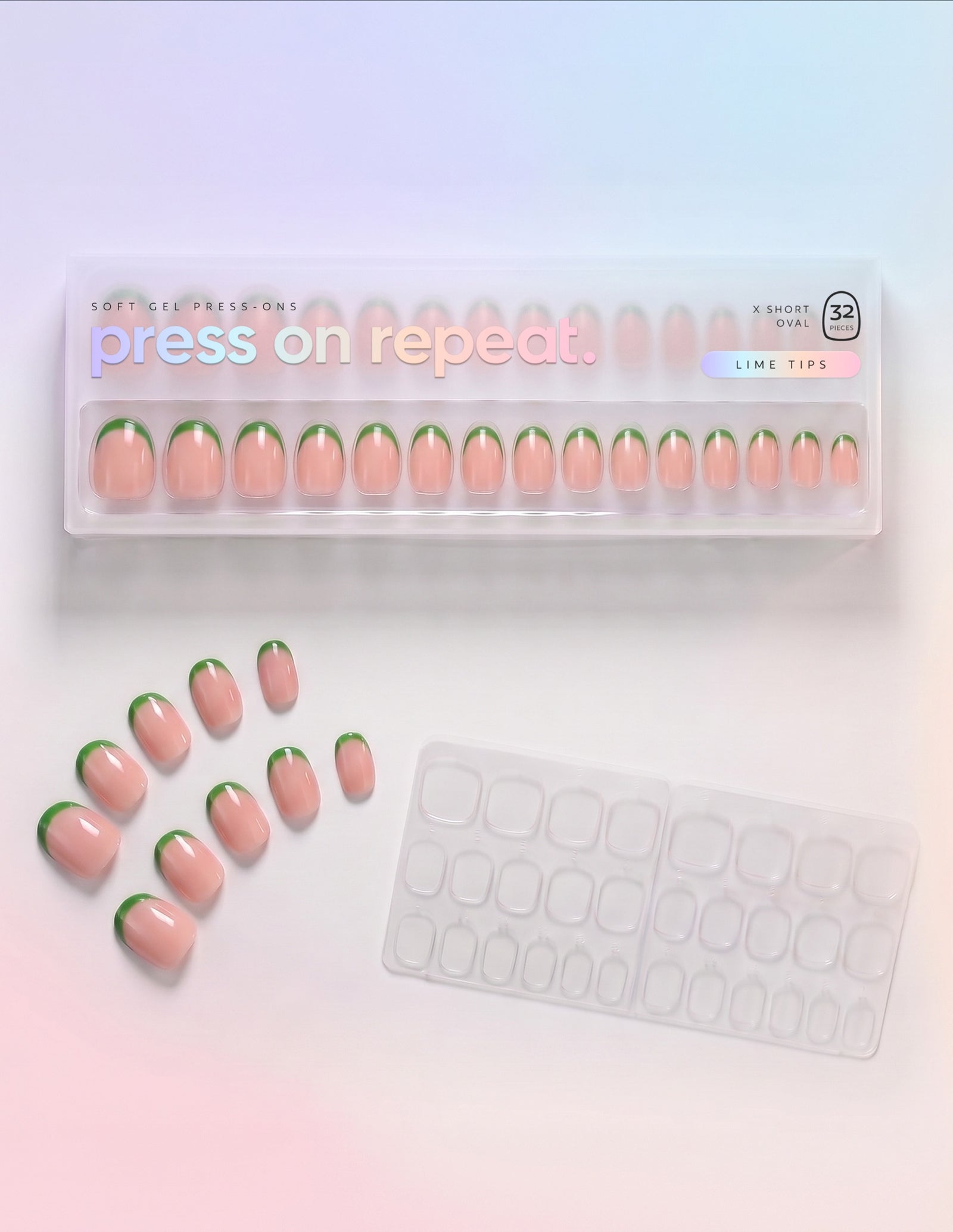 Lime Tips press-on nails — Oval (extra-short) retail box with loose nails and adhesive tabs