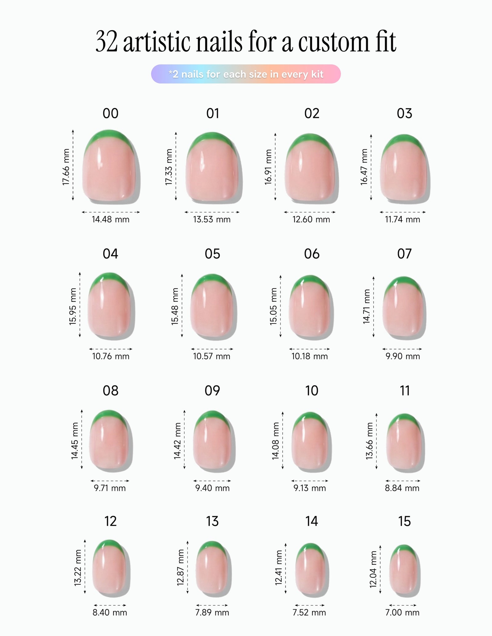 Lime Tips — Oval size chart, 16 sizes with millimetre measurements