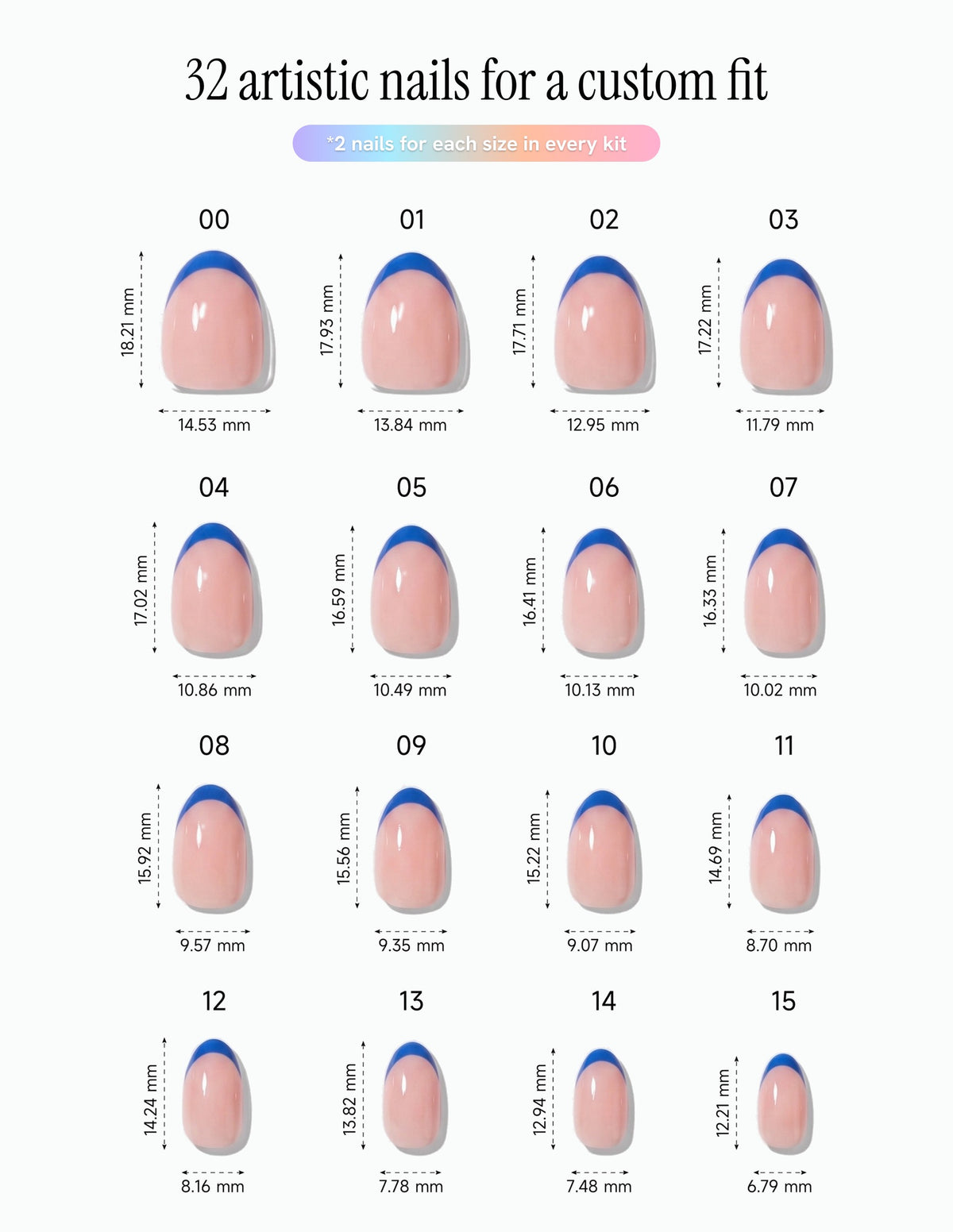 Cobalt Tips — Almond size chart, 16 sizes with millimetre measurements