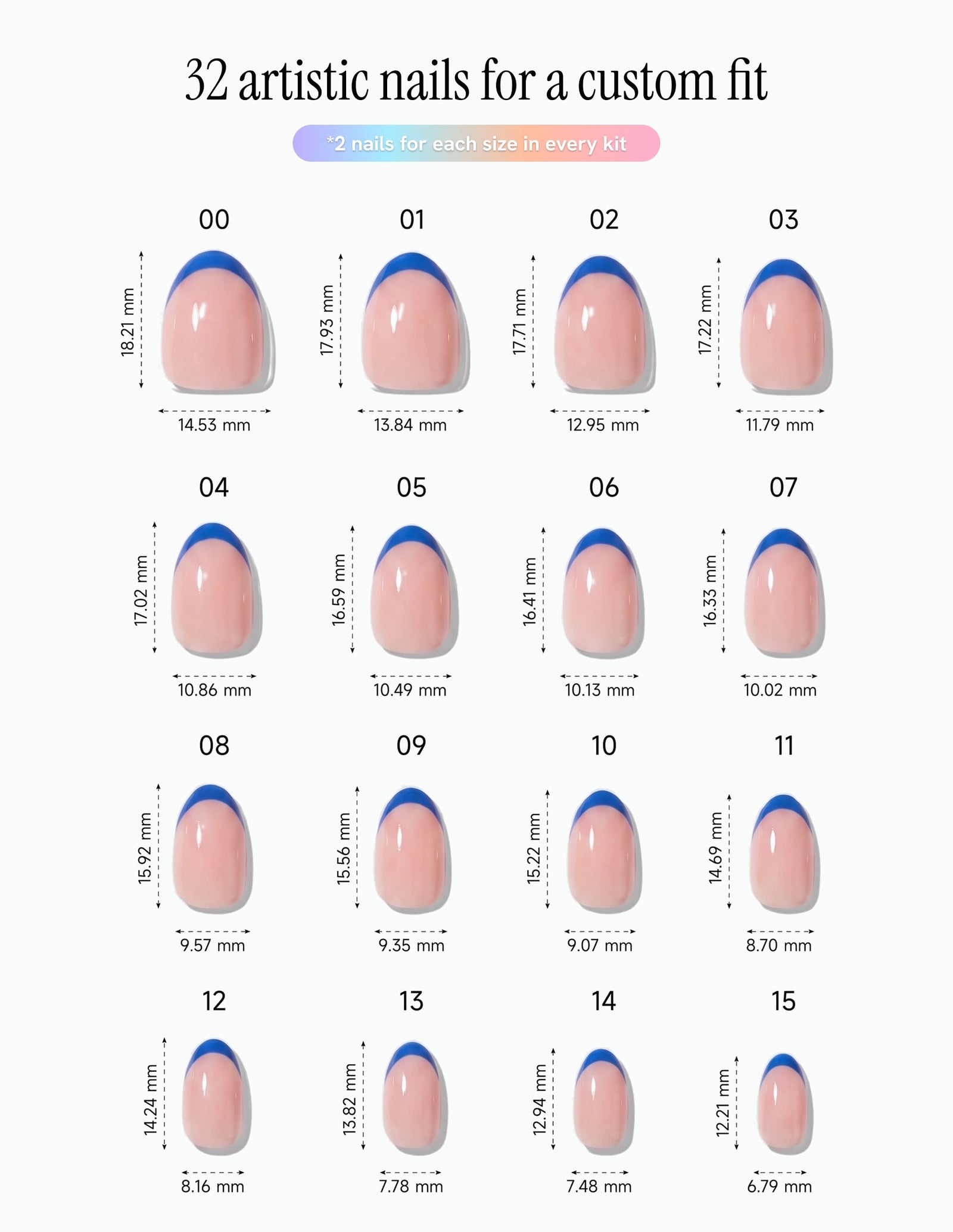 Cobalt Tips — Almond size chart, 16 sizes with millimetre measurements