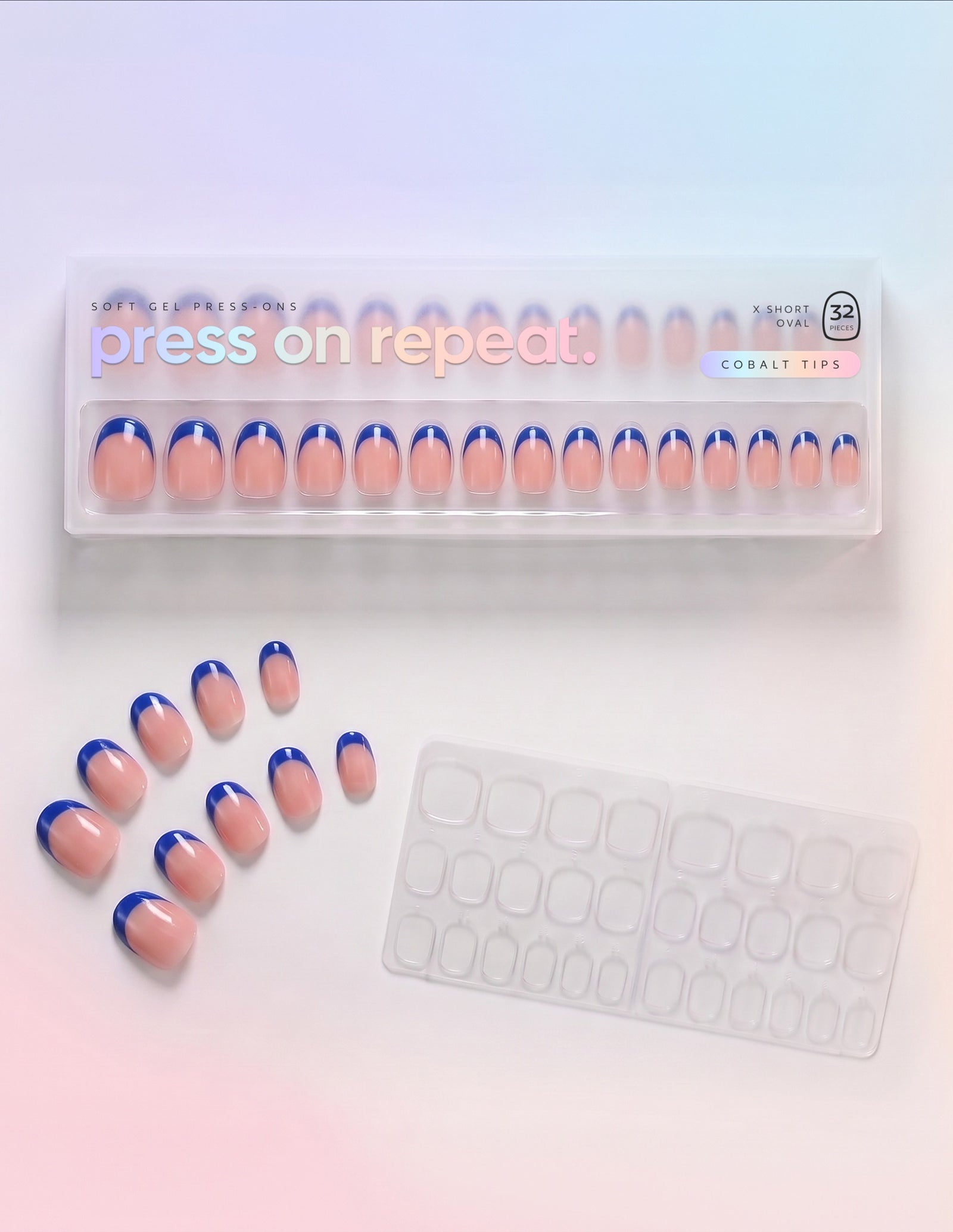 Cobalt Tips press-on nails — Oval (extra-short) retail box with loose nails and adhesive tabs