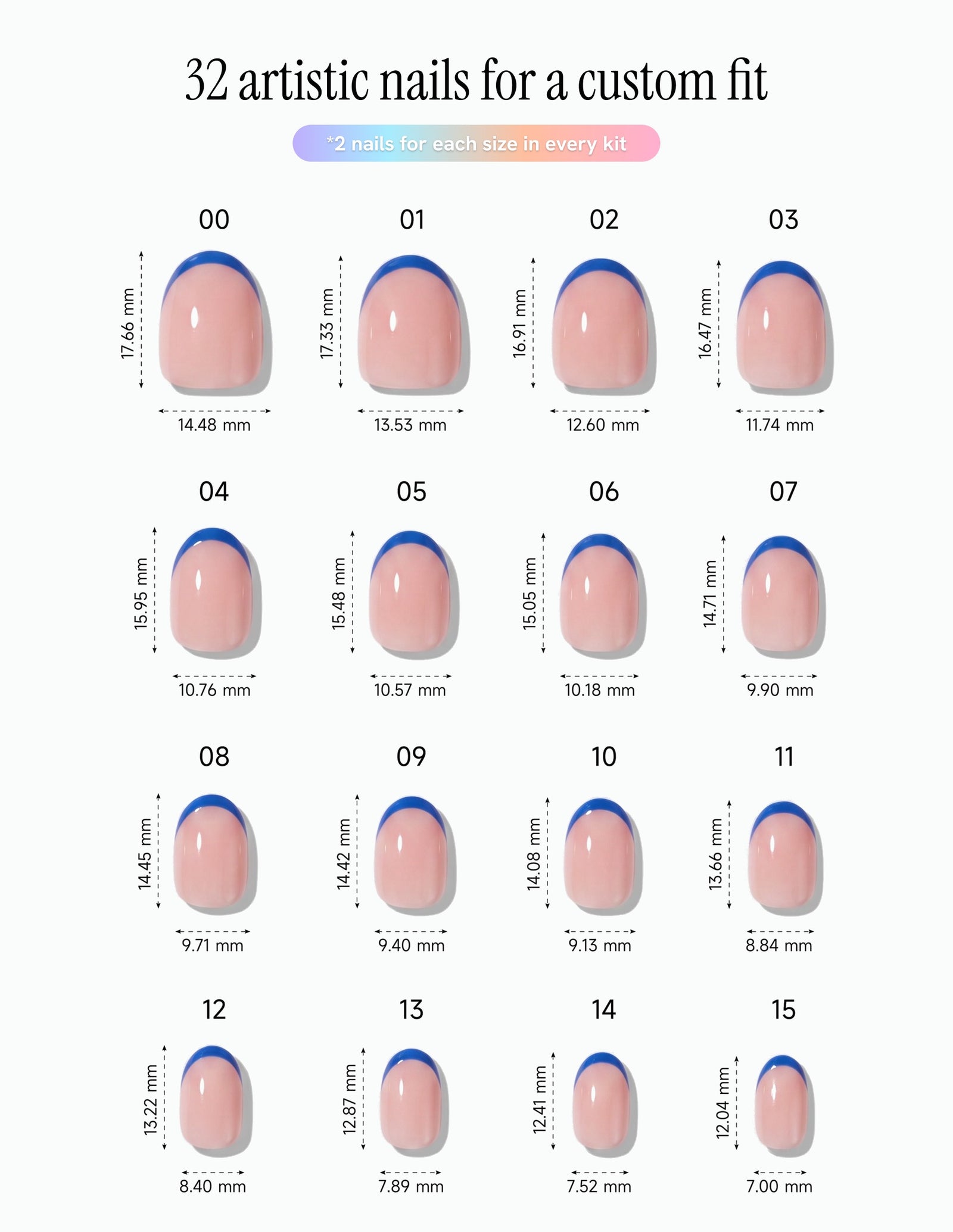 Cobalt Tips — Oval size chart, 16 sizes with millimetre measurements