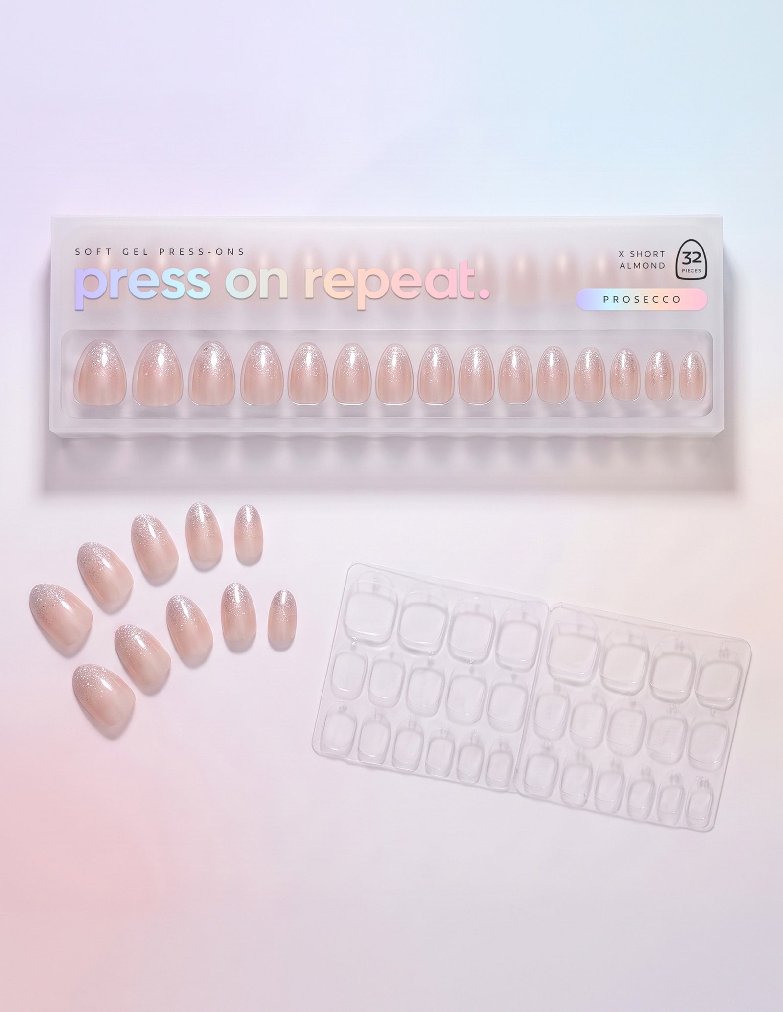 Prosecco press-on nails — Almond (extra-short) retail box with loose nails and adhesive tabs