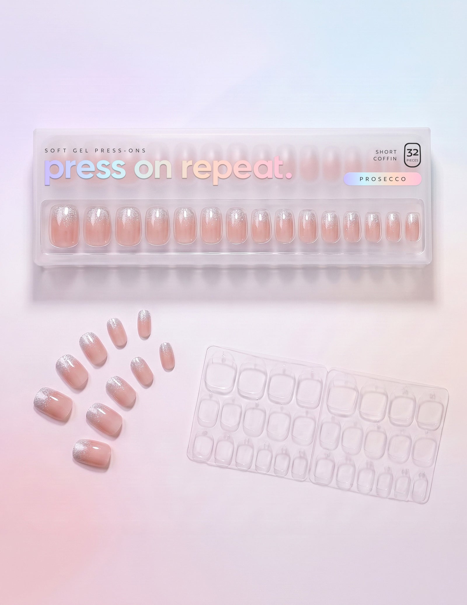 Prosecco press-on nails — Coffin (short) retail box with loose nails and adhesive tabs