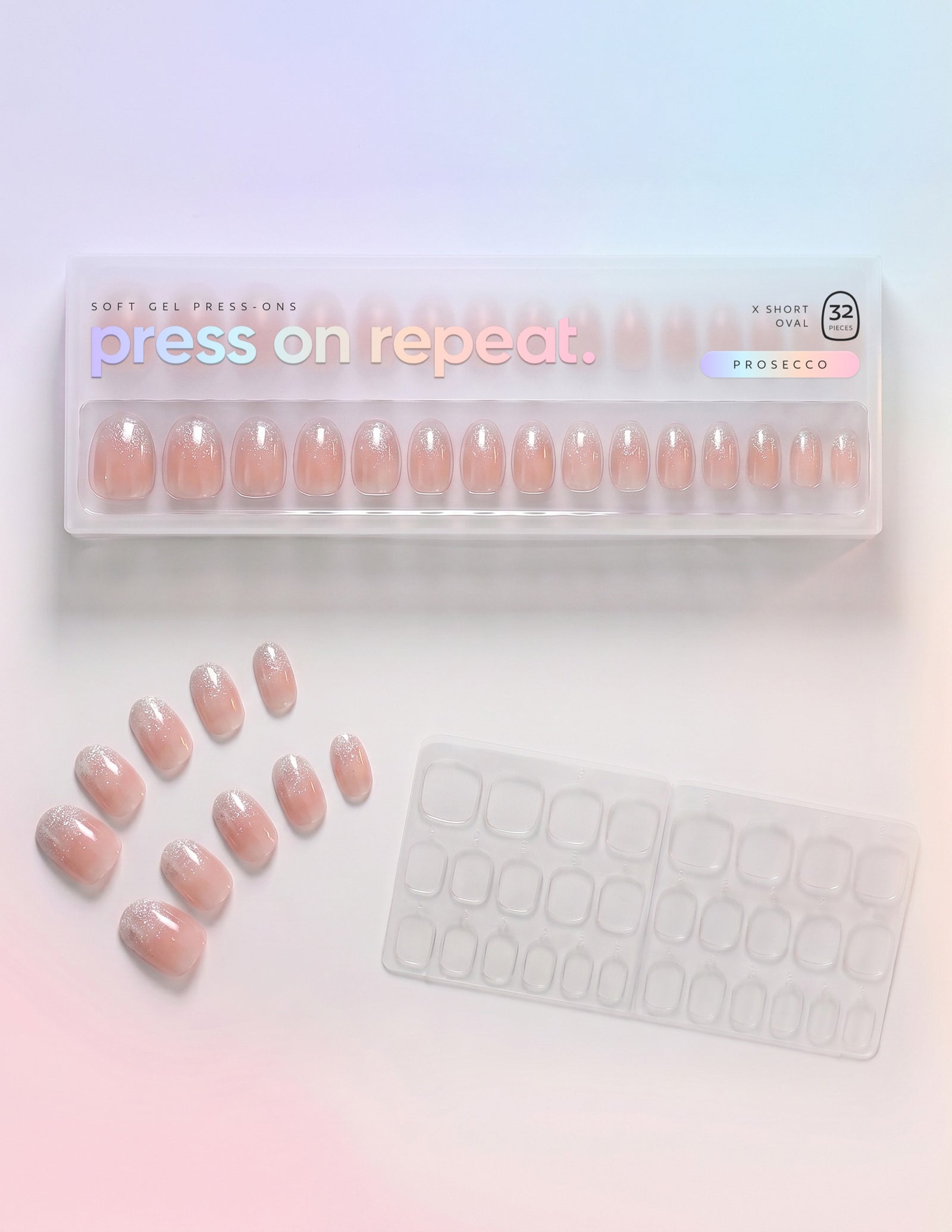 Prosecco press-on nails — Oval (extra-short) retail box with loose nails and adhesive tabs