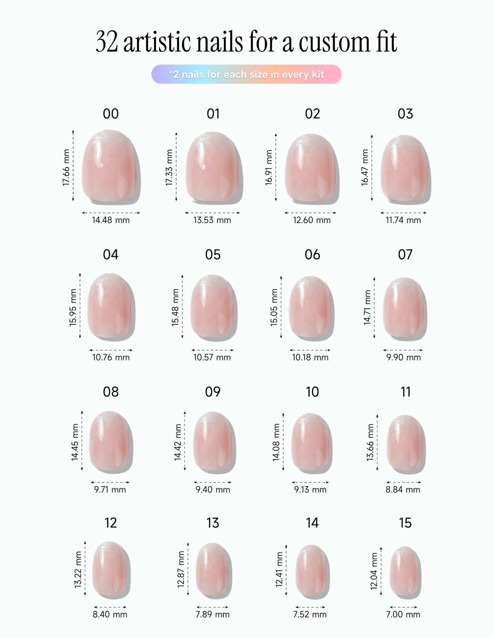 Prosecco — Oval size chart, 16 sizes with millimetre measurements