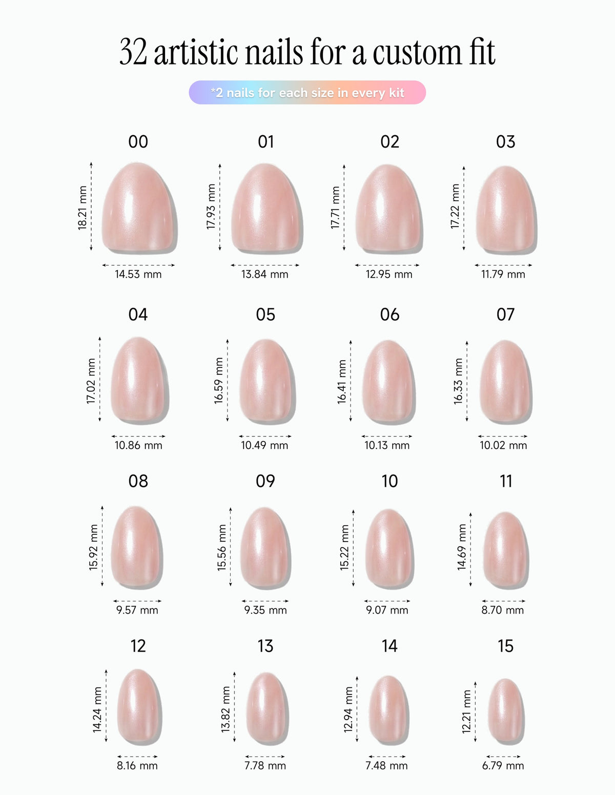 Bare Minimum — Almond size chart, 16 sizes with millimetre measurements