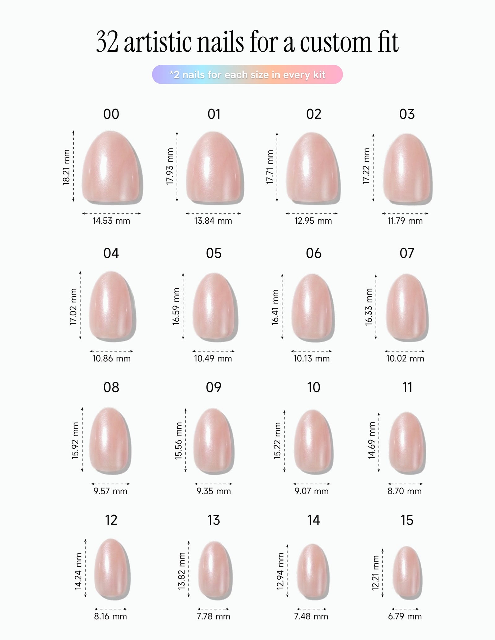 Bare Minimum — Almond size chart, 16 sizes with millimetre measurements