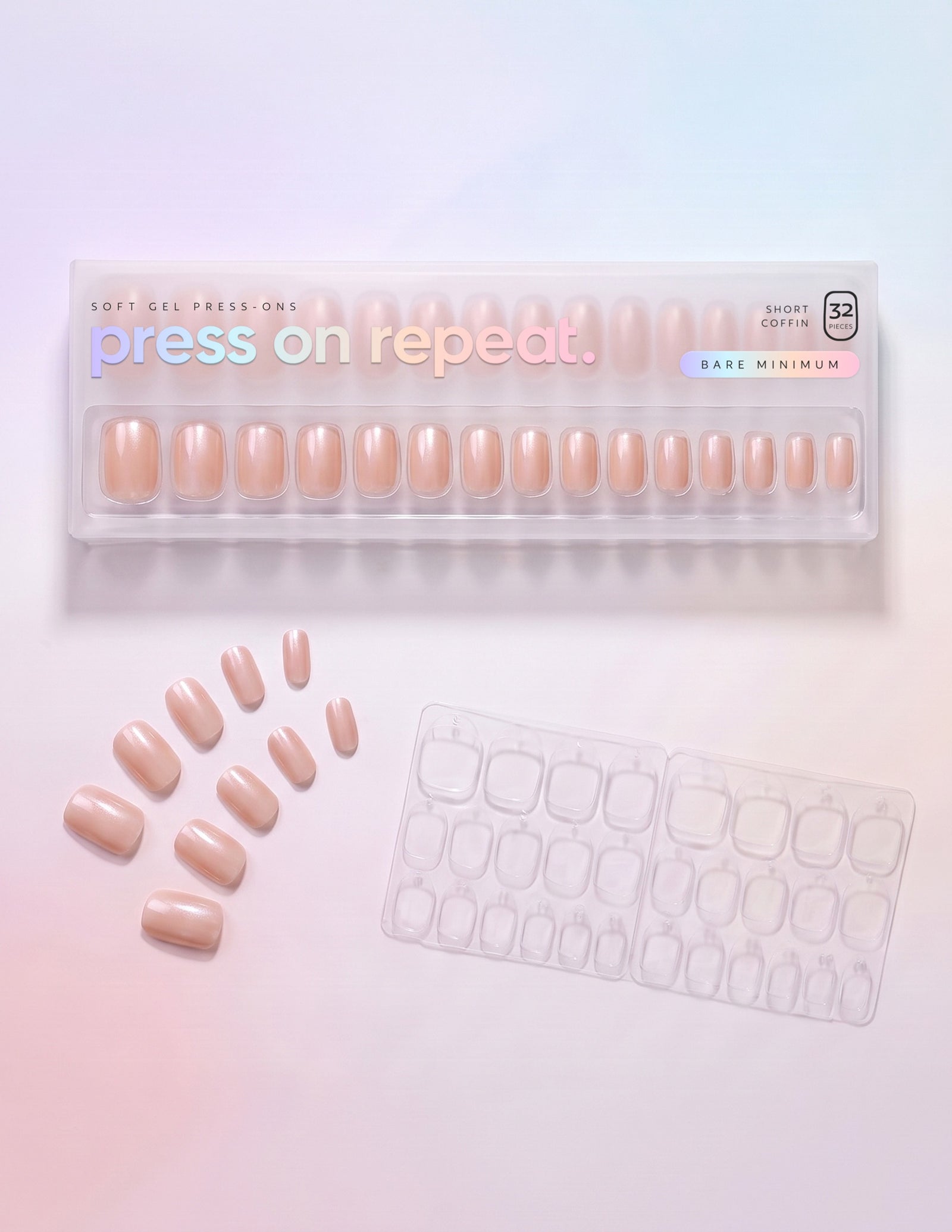 Bare Minimum press-on nails — Coffin (short) retail box with loose nails and adhesive tabs
