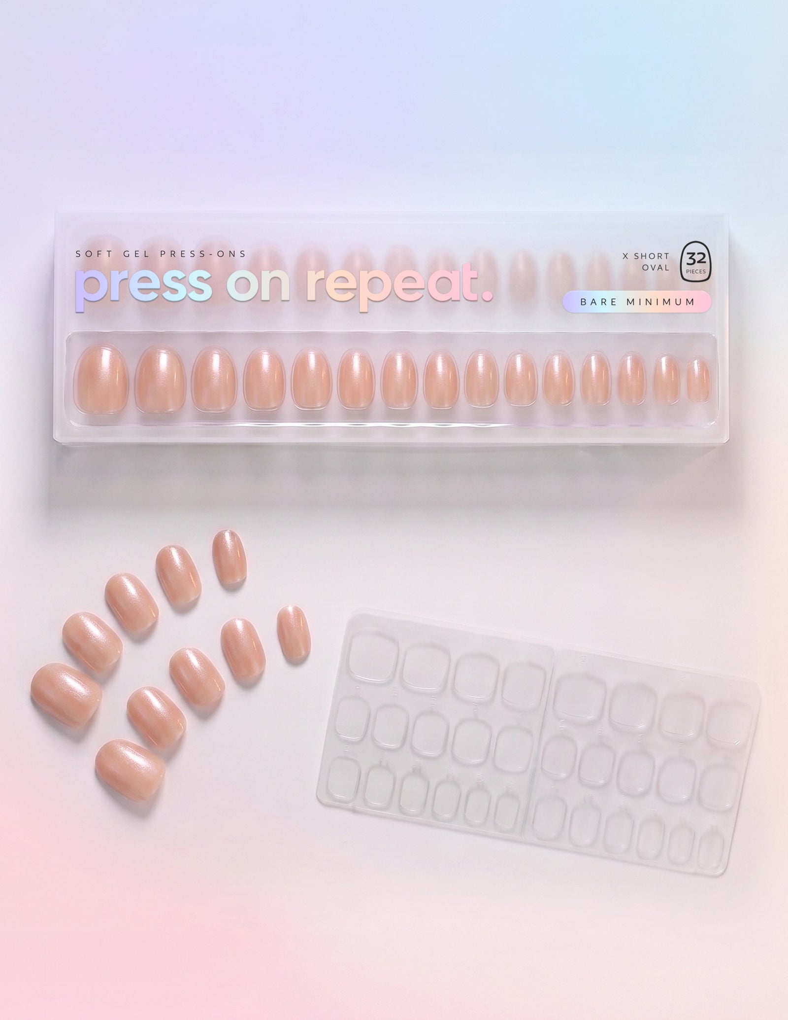 Bare Minimum press-on nails — Oval (extra-short) retail box with loose nails and adhesive tabs