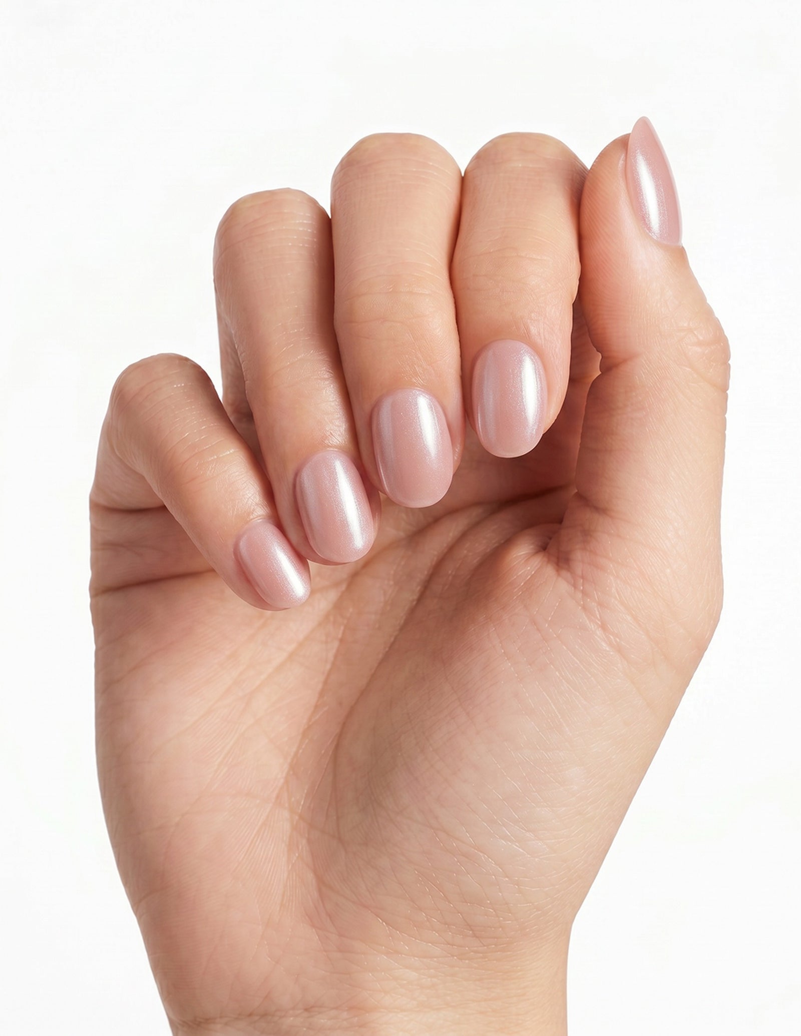 Bare Minimum press-on nails — Oval (extra-short), light-skin hand, fingers curled
