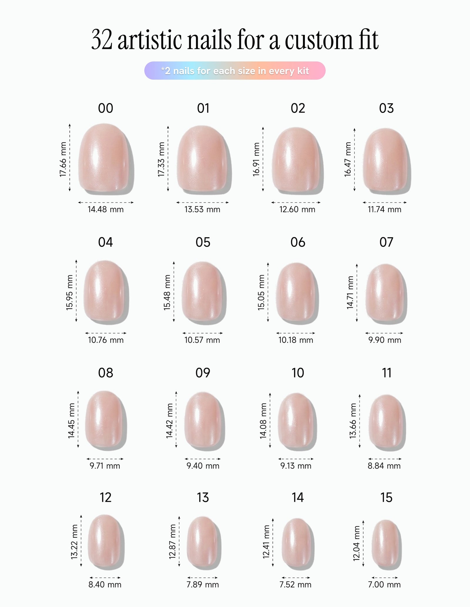 Bare Minimum — Oval size chart, 16 sizes with millimetre measurements