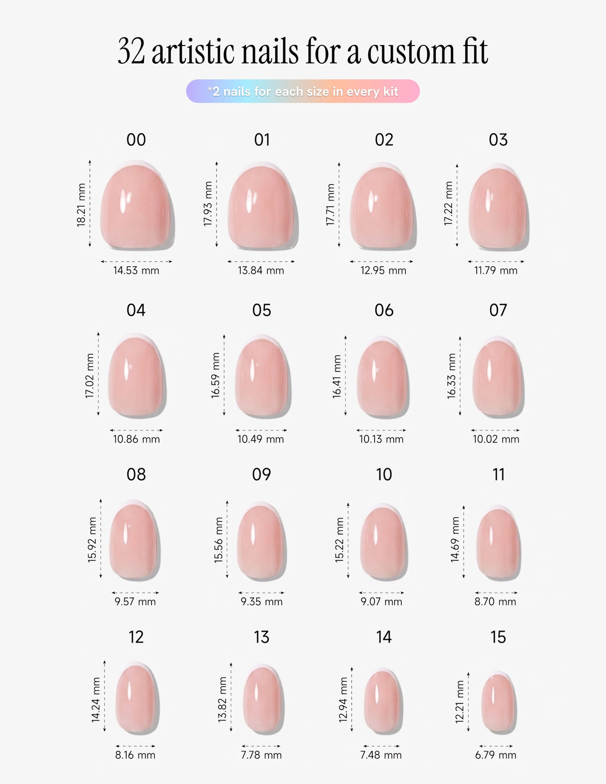 Micro French — Almond size chart, 16 sizes with millimetre measurements