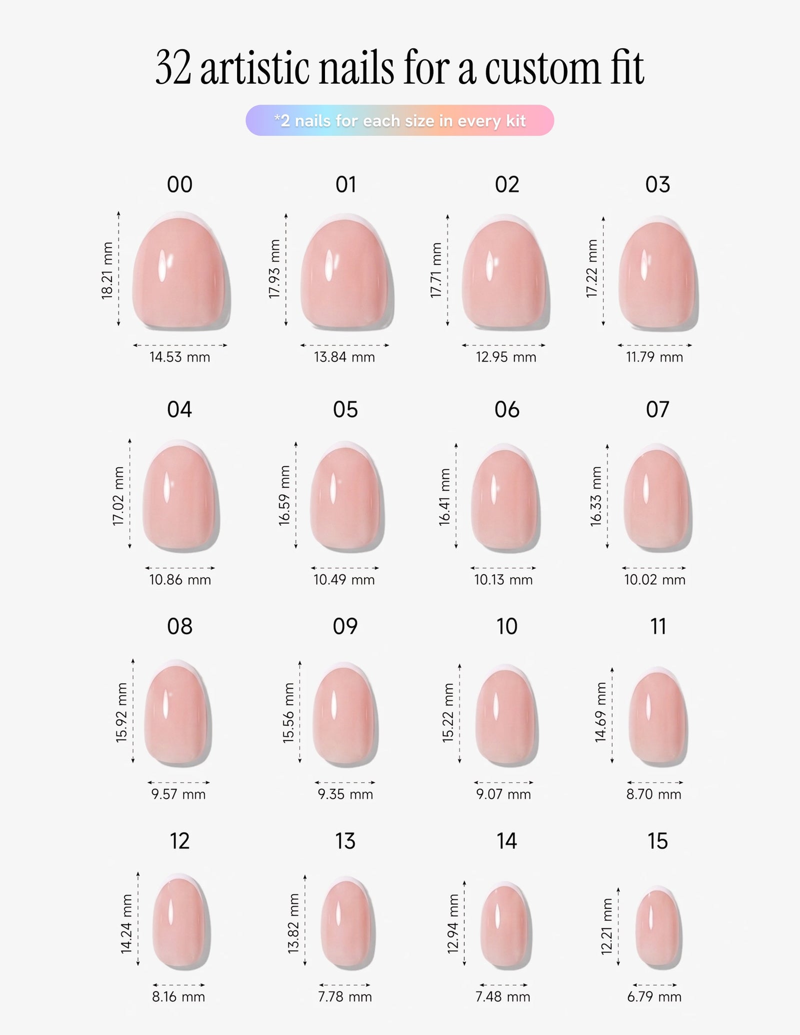 Micro French — Almond size chart, 16 sizes with millimetre measurements