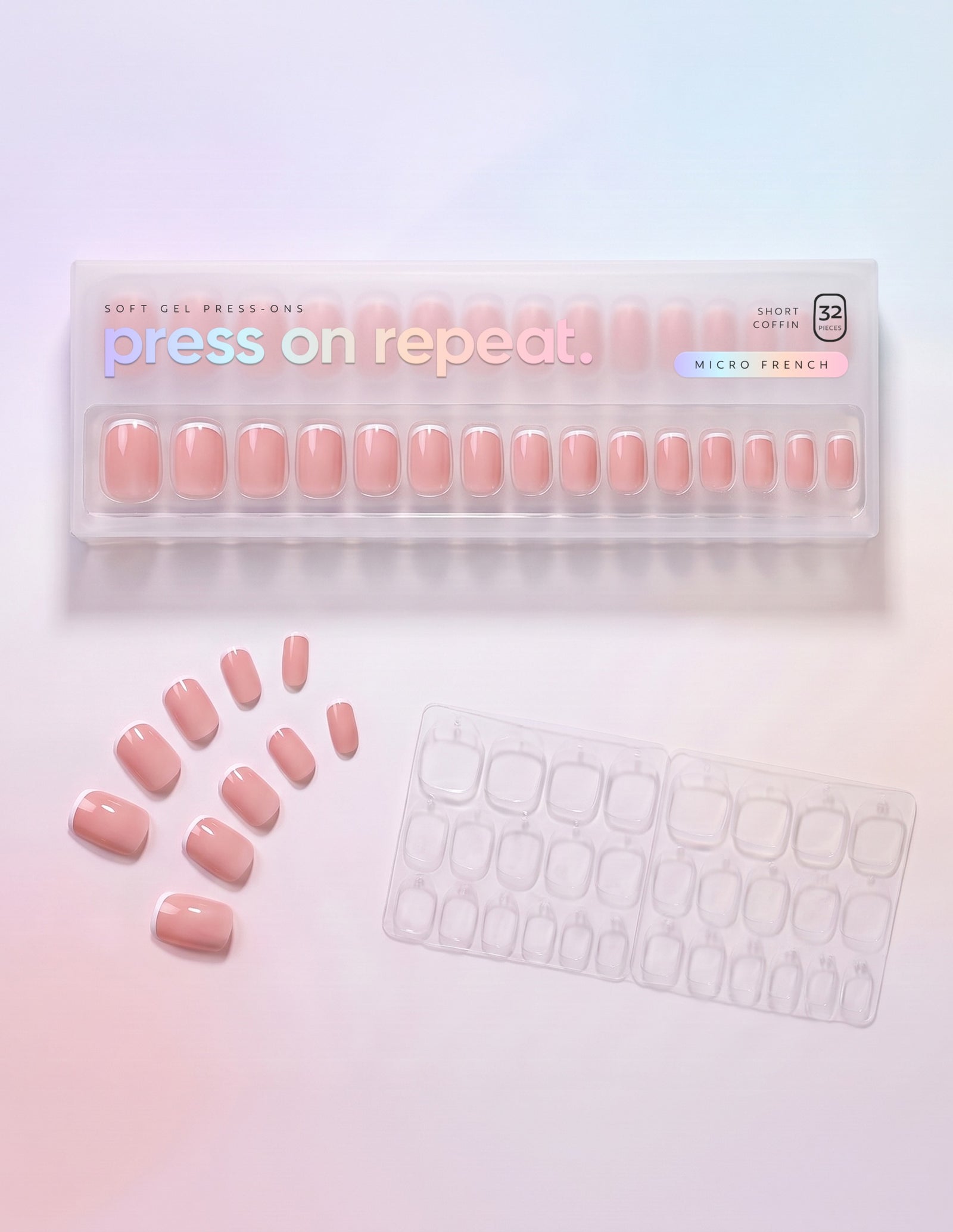 Micro French press-on nails — Coffin (short) retail box with loose nails and adhesive tabs