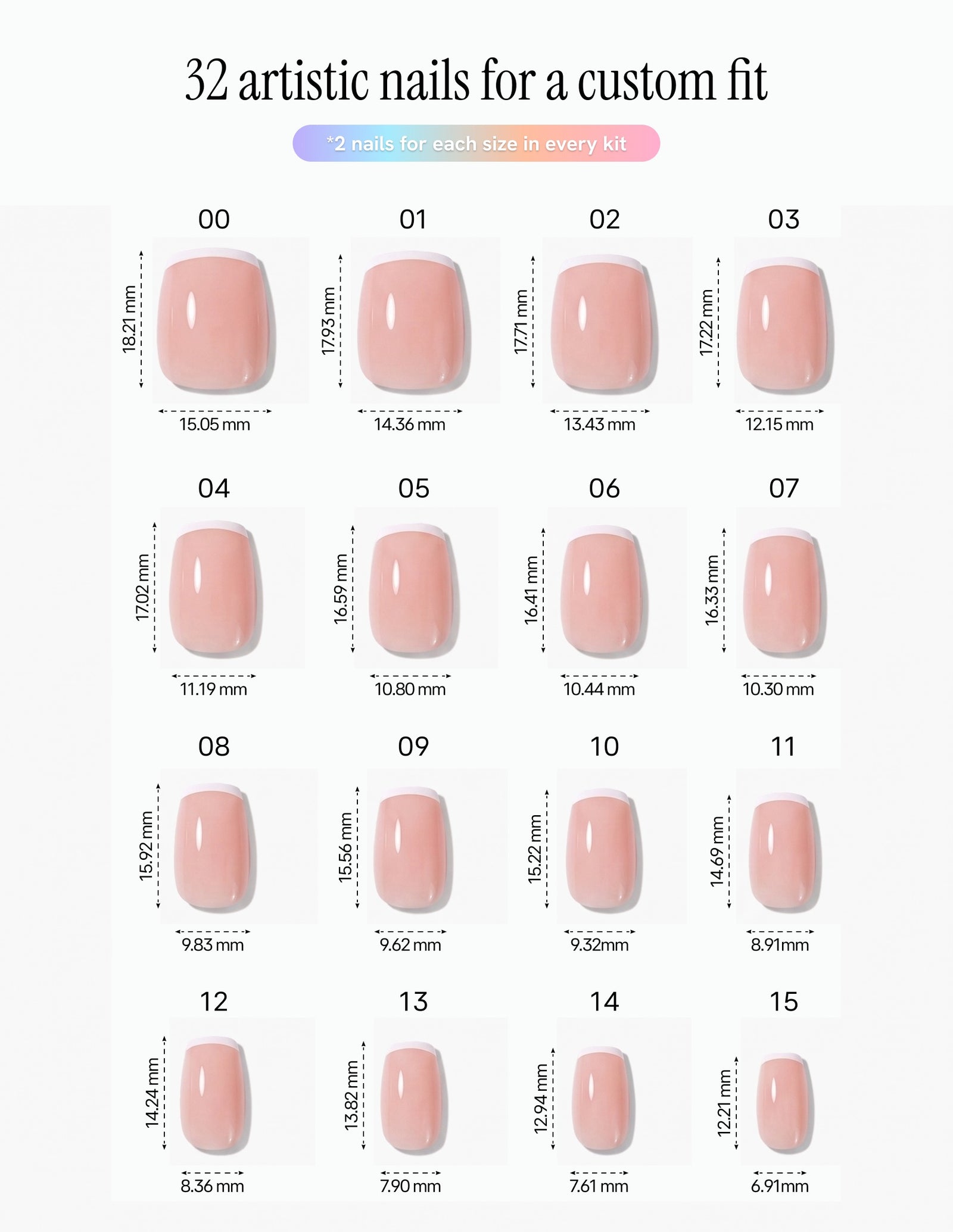 Micro French — Coffin size chart, 16 sizes with millimetre measurements