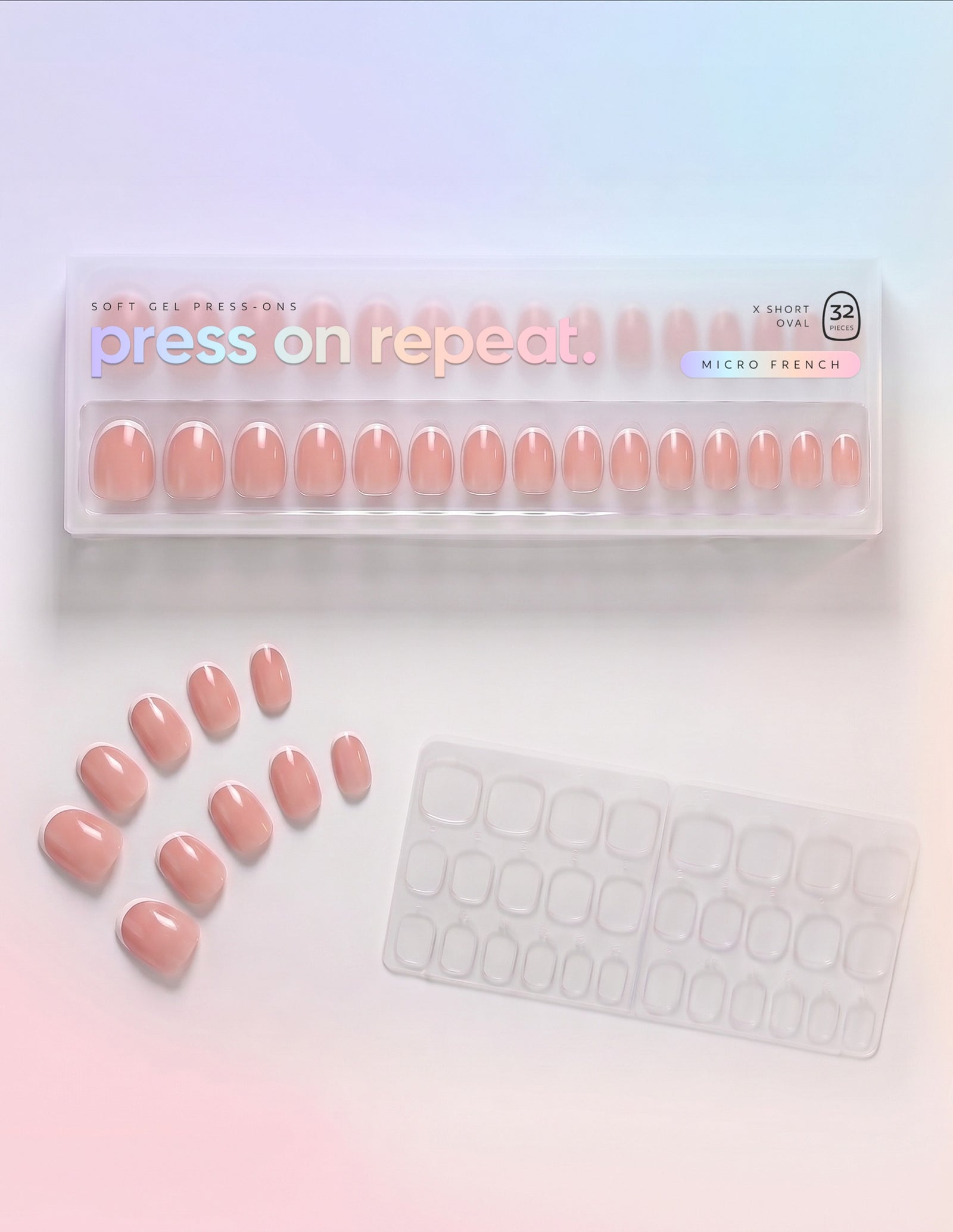 Micro French press-on nails — Oval (extra-short) retail box with loose nails and adhesive tabs