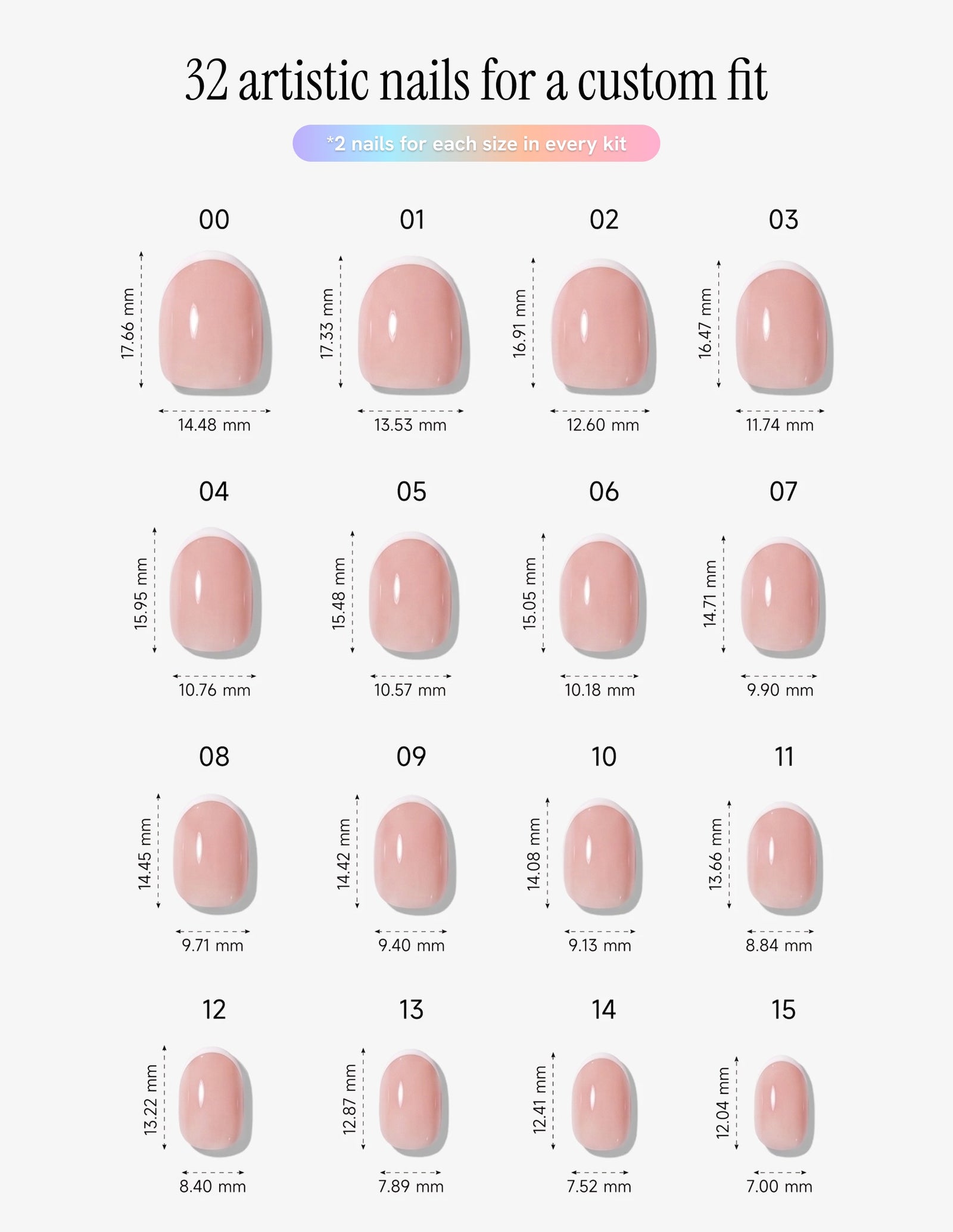 Micro French — Oval size chart, 16 sizes with millimetre measurements