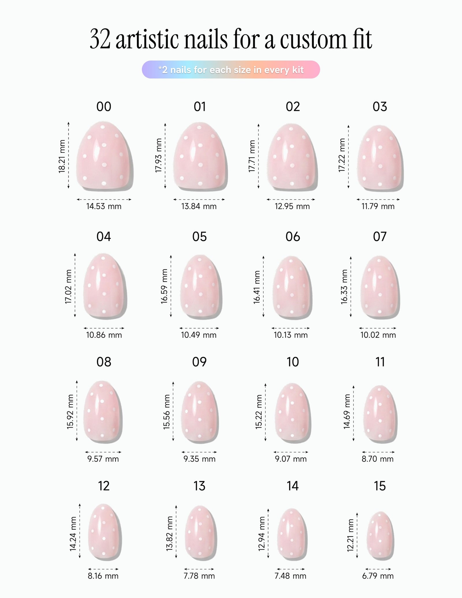 Polka Pink — Almond size chart, 16 sizes with millimetre measurements
