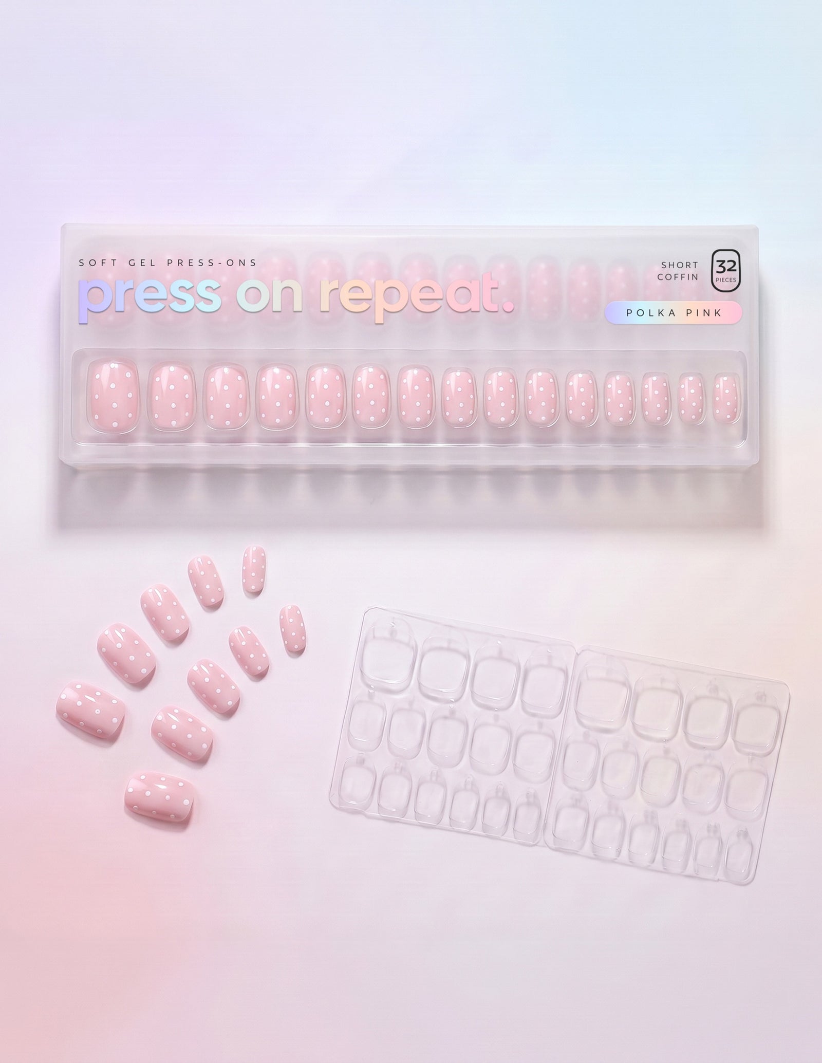 Polka Pink press-on nails — Coffin (short) retail box with loose nails and adhesive tabs