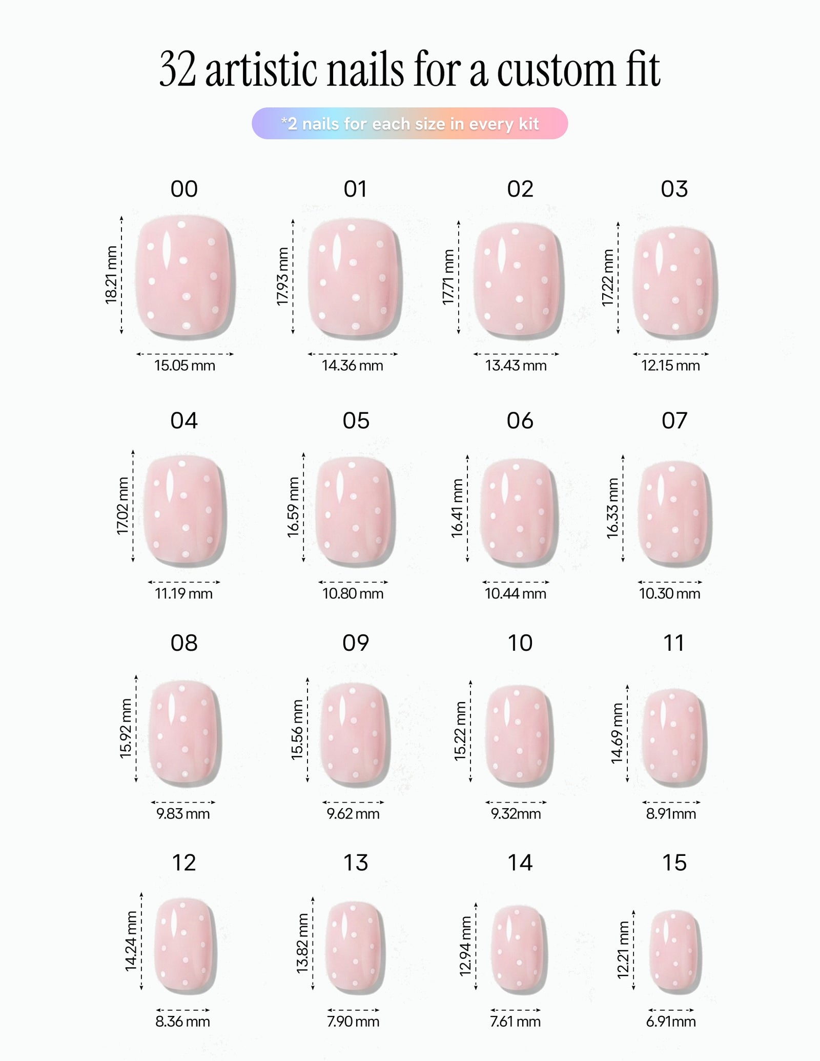 Polka Pink — Coffin size chart, 16 sizes with millimetre measurements