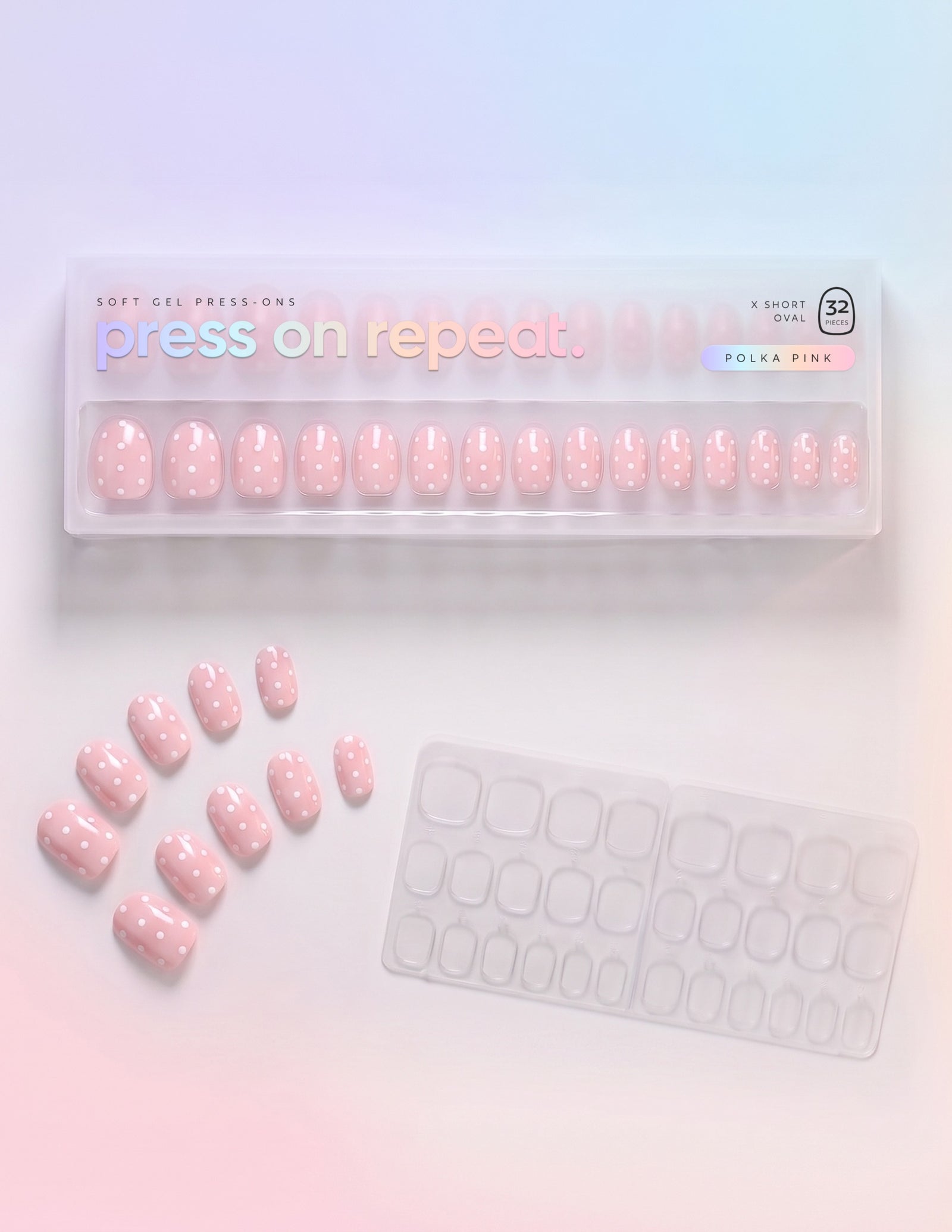 Polka Pink press-on nails — Oval (extra-short) retail box with loose nails and adhesive tabs