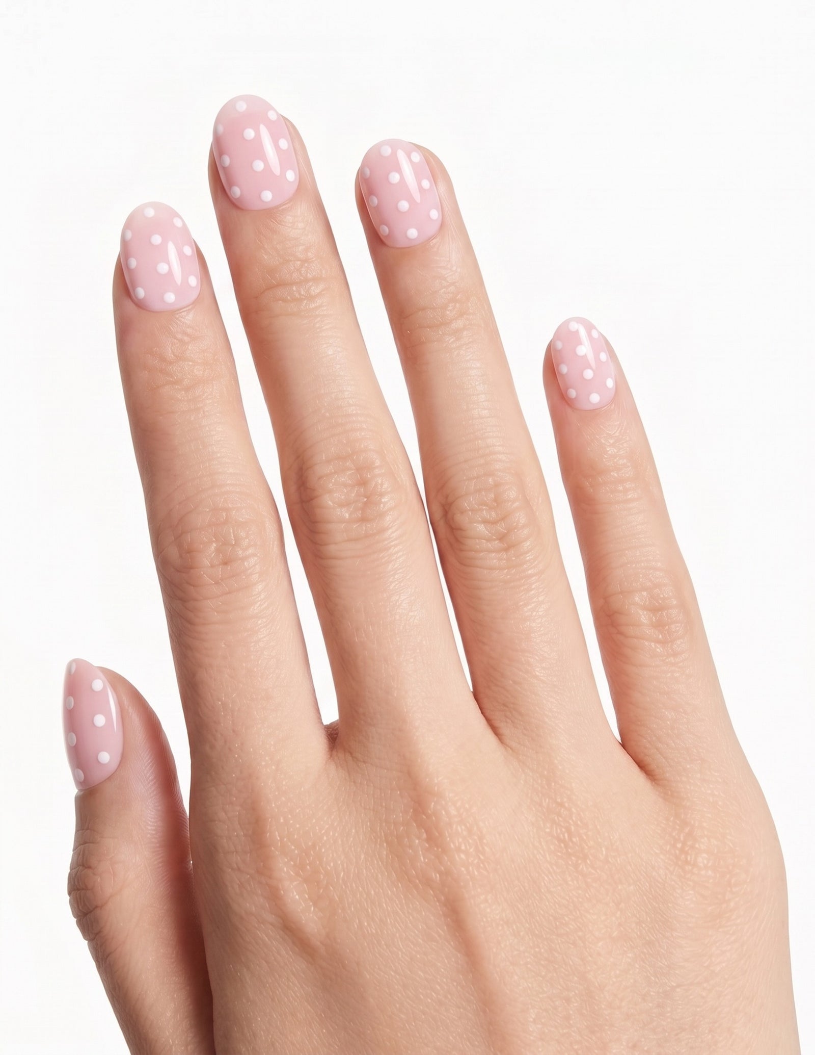 Polka Pink press-on nails — Oval (extra-short), light-skin hand, back of hand