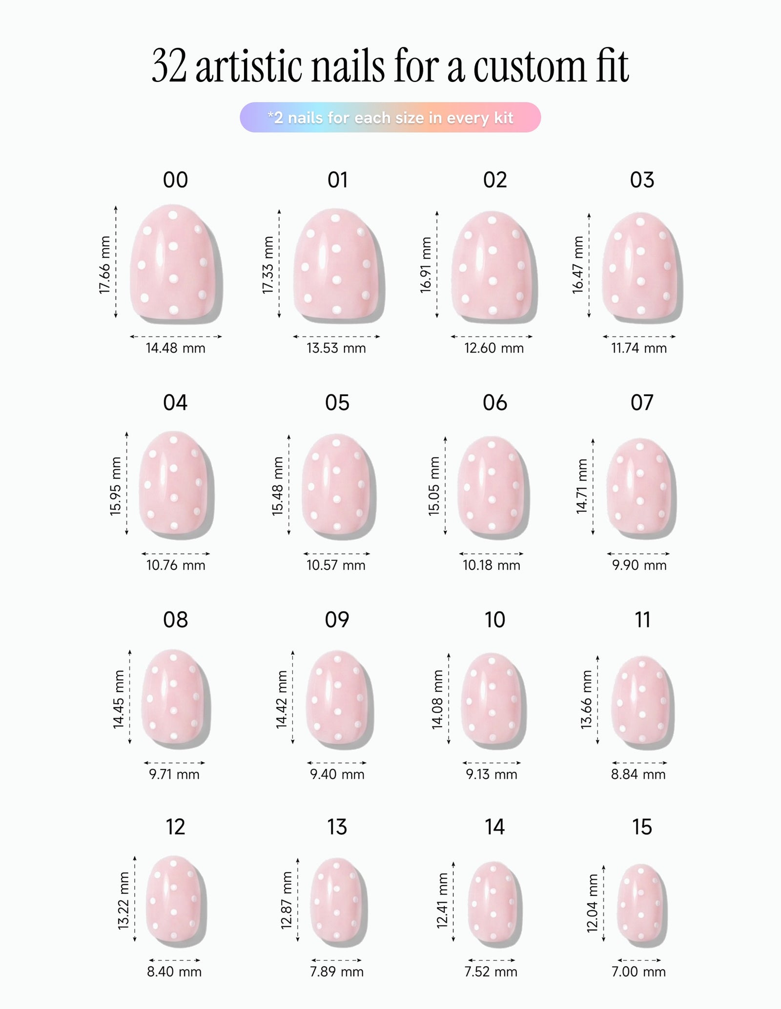 Polka Pink — Oval size chart, 16 sizes with millimetre measurements