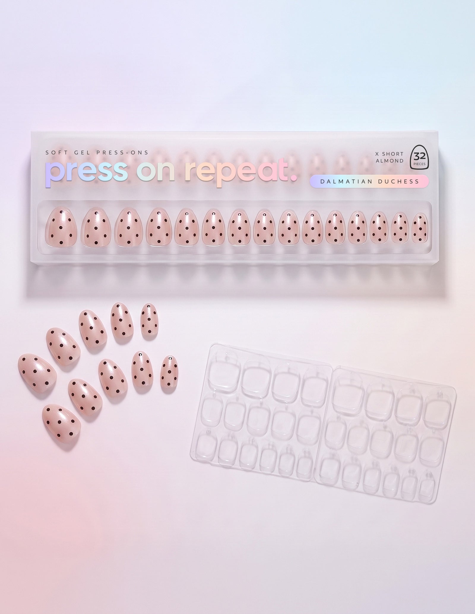 Dalmatian Duchess press-on nails — Almond (extra-short) retail box with loose nails and adhesive tabs