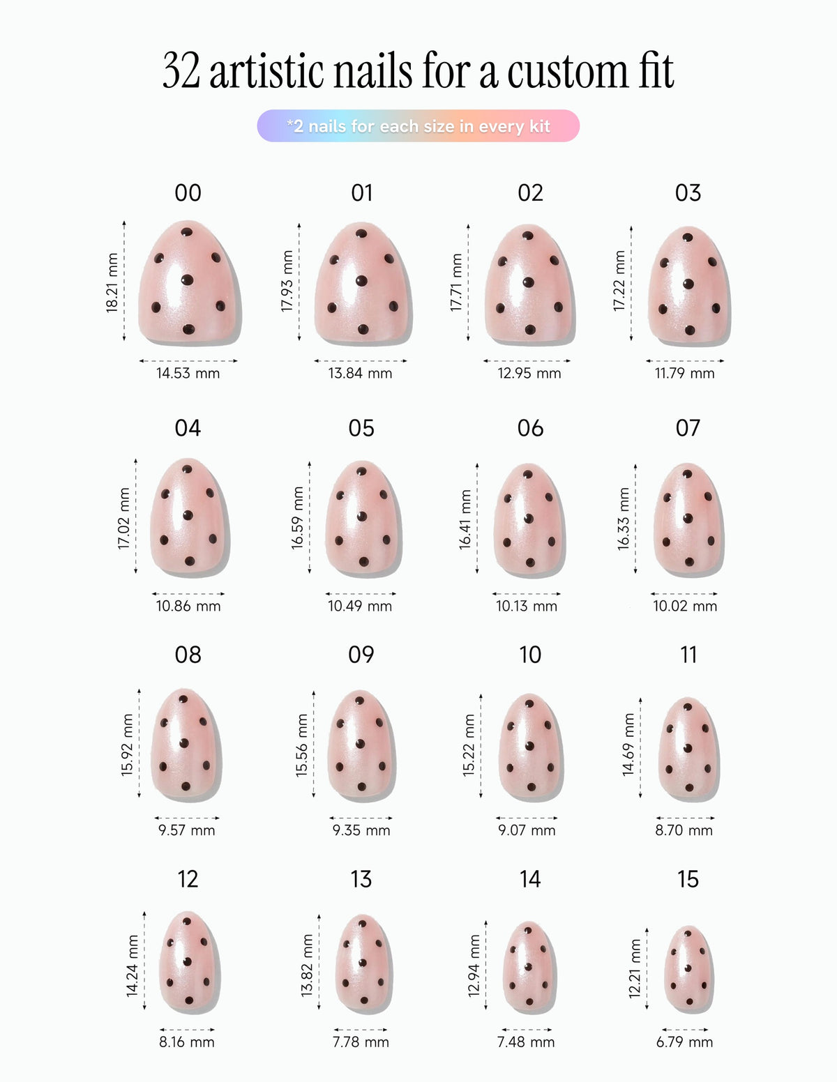 Dalmatian Duchess — Almond size chart, 16 sizes with millimetre measurements