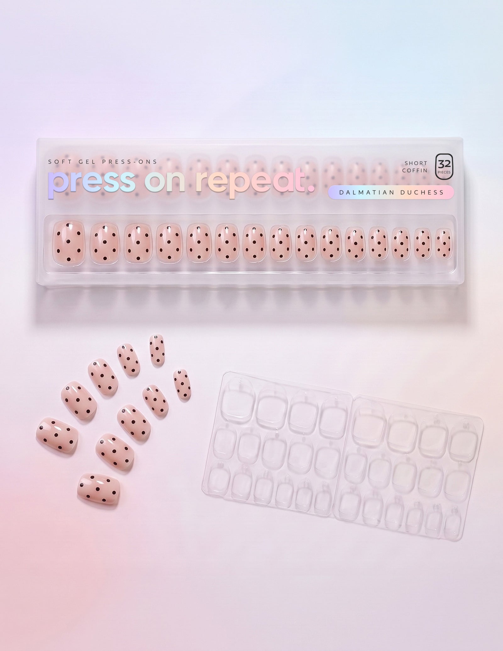 Dalmatian Duchess press-on nails — Coffin (short) retail box with loose nails and adhesive tabs